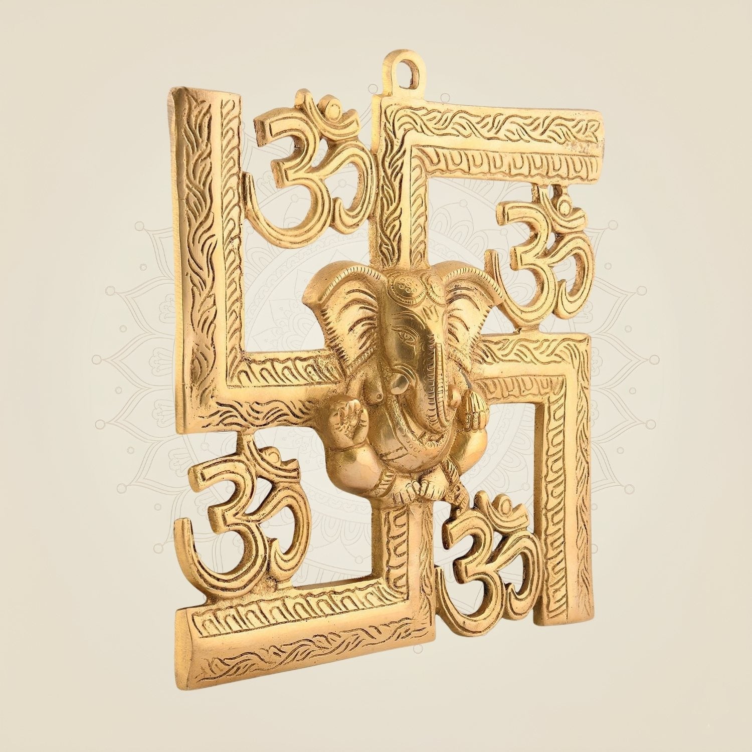 8″ Brass Ganesha Wall Hanging – With Swastik & Om Symbols for Auspicious Decor