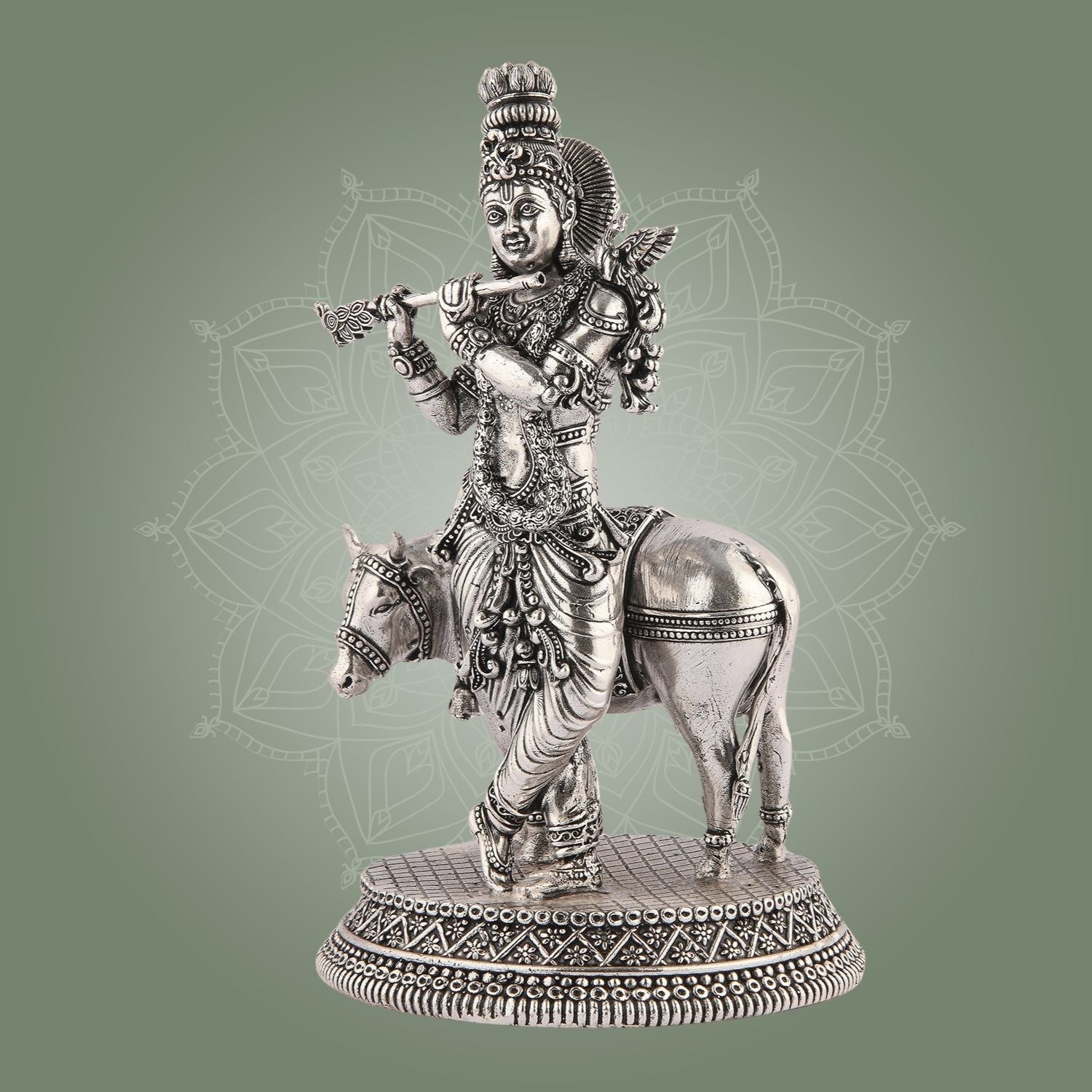 Krishna with Cow Idol 6.75" Silver Finish Handcrafted Brass Sculptures