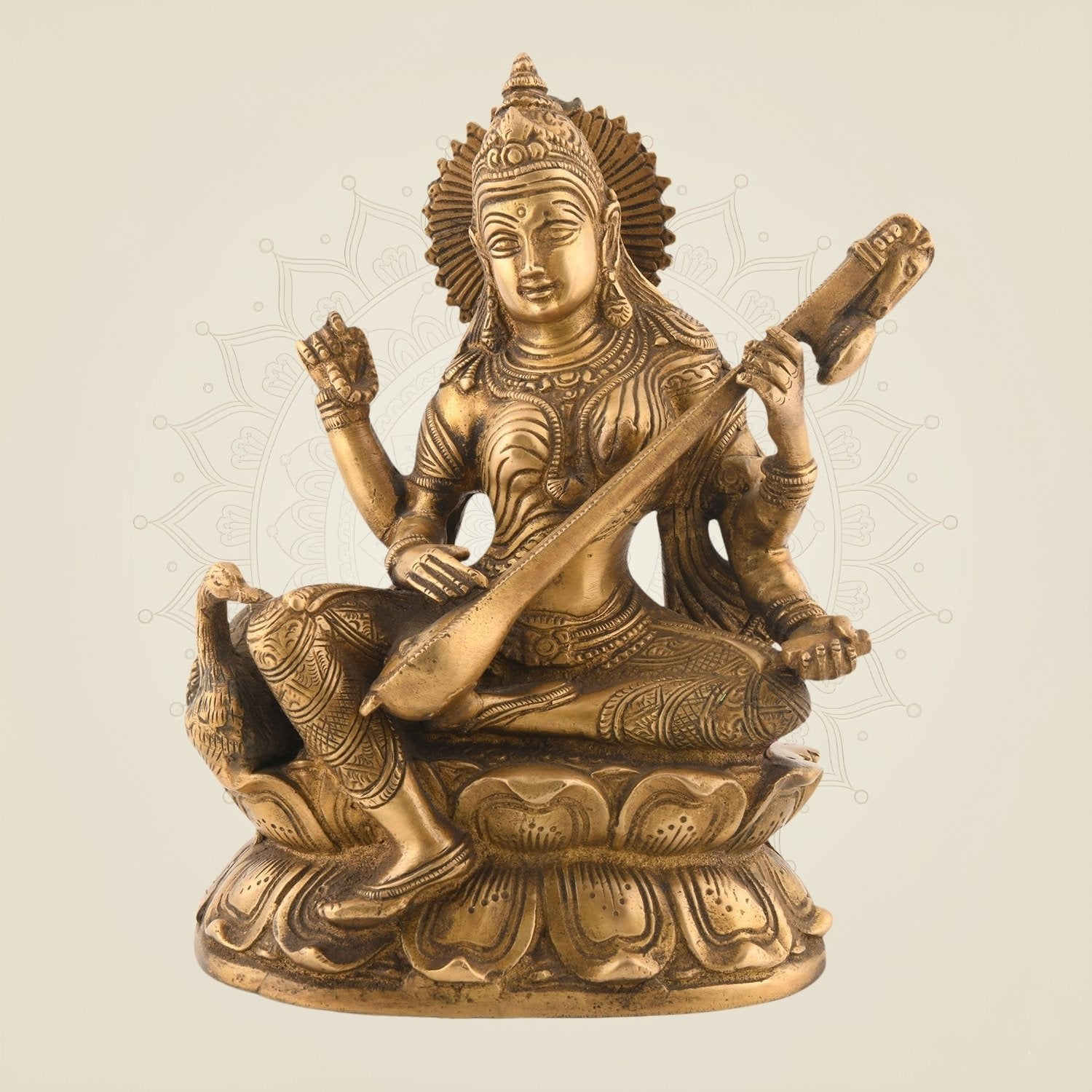 Brass Saraswati Idol with Veena 9″ – Superfine Handcrafted Goddess Statue