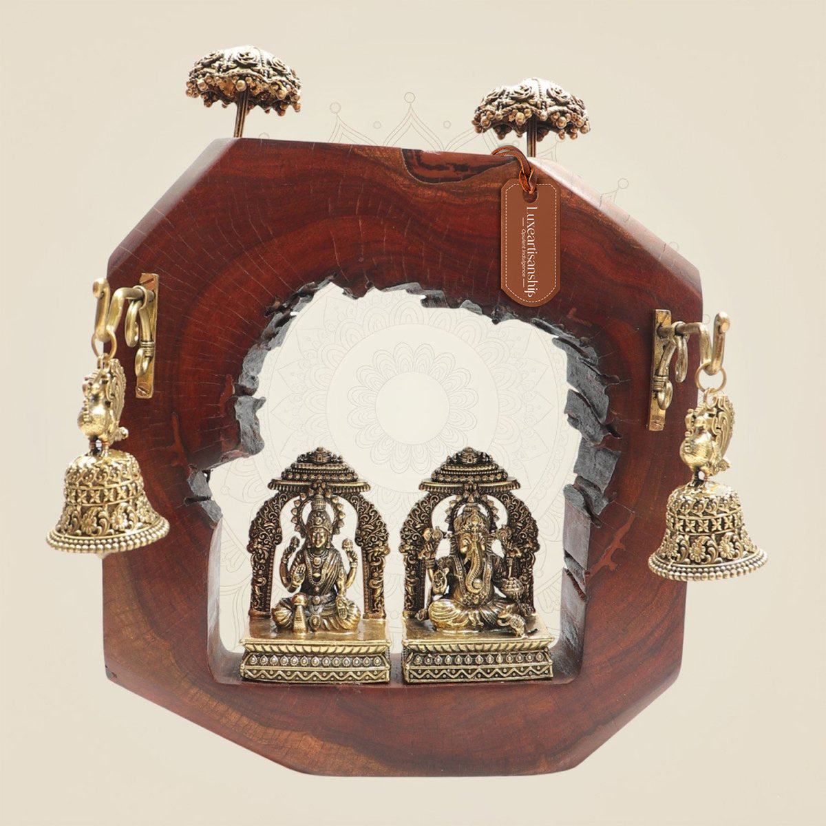 Ganesh Lakshmi Prabhavali in Hexagon Wooden Frame with Bells 10"
