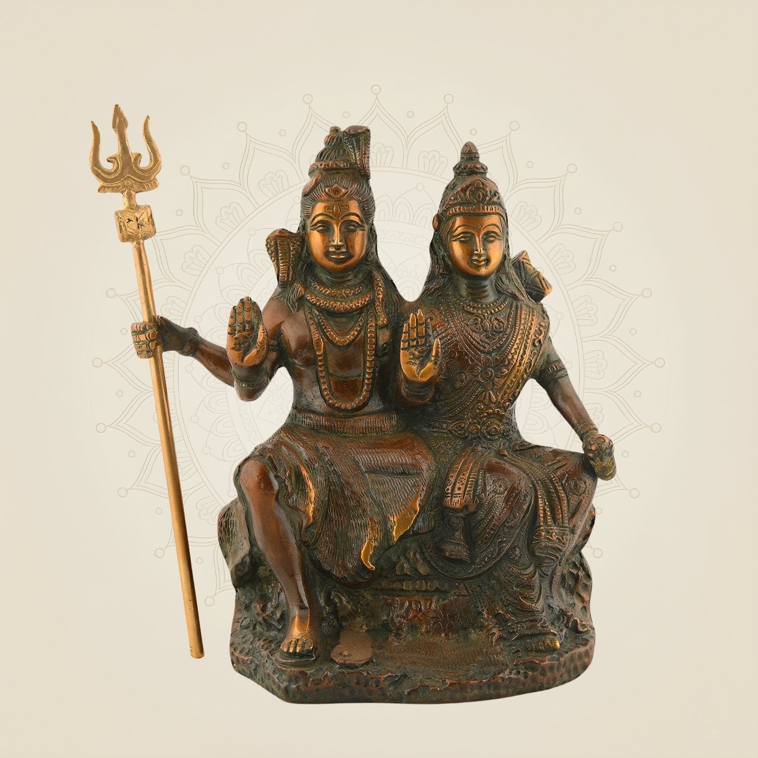 Colored Brass Shiv Parvati Idol | Divine Handcrafted Home Decor Statue 8.75"