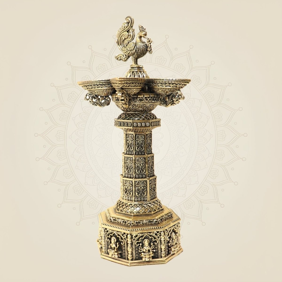 12.5 Inch Ashtalakshmi Peacock Brass Diya Lamp for Home Temple & Puja Decor - Luxeartisanship