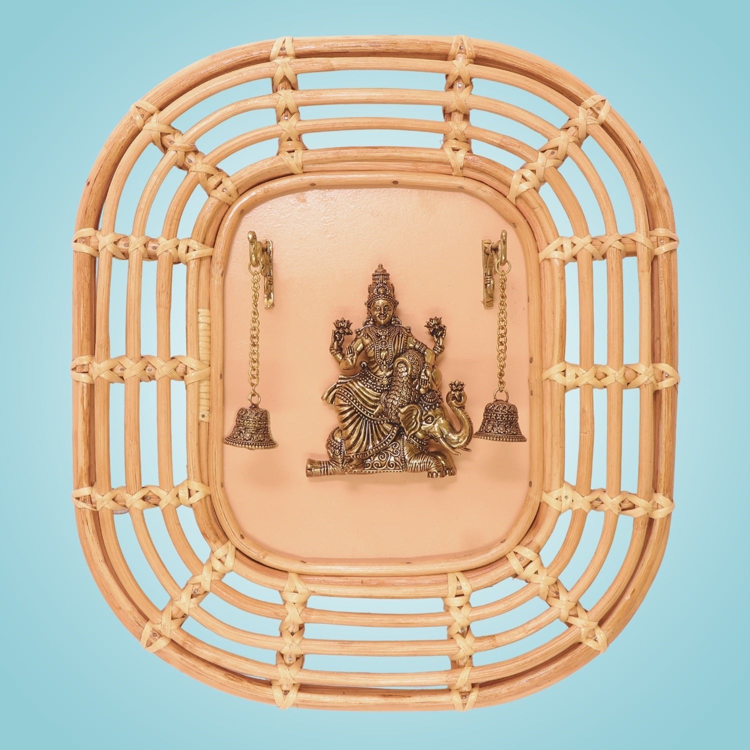 Gajalakshmi Wall Hanging • Brass Idol with Twin Bells & Bamboo Frame - 19"