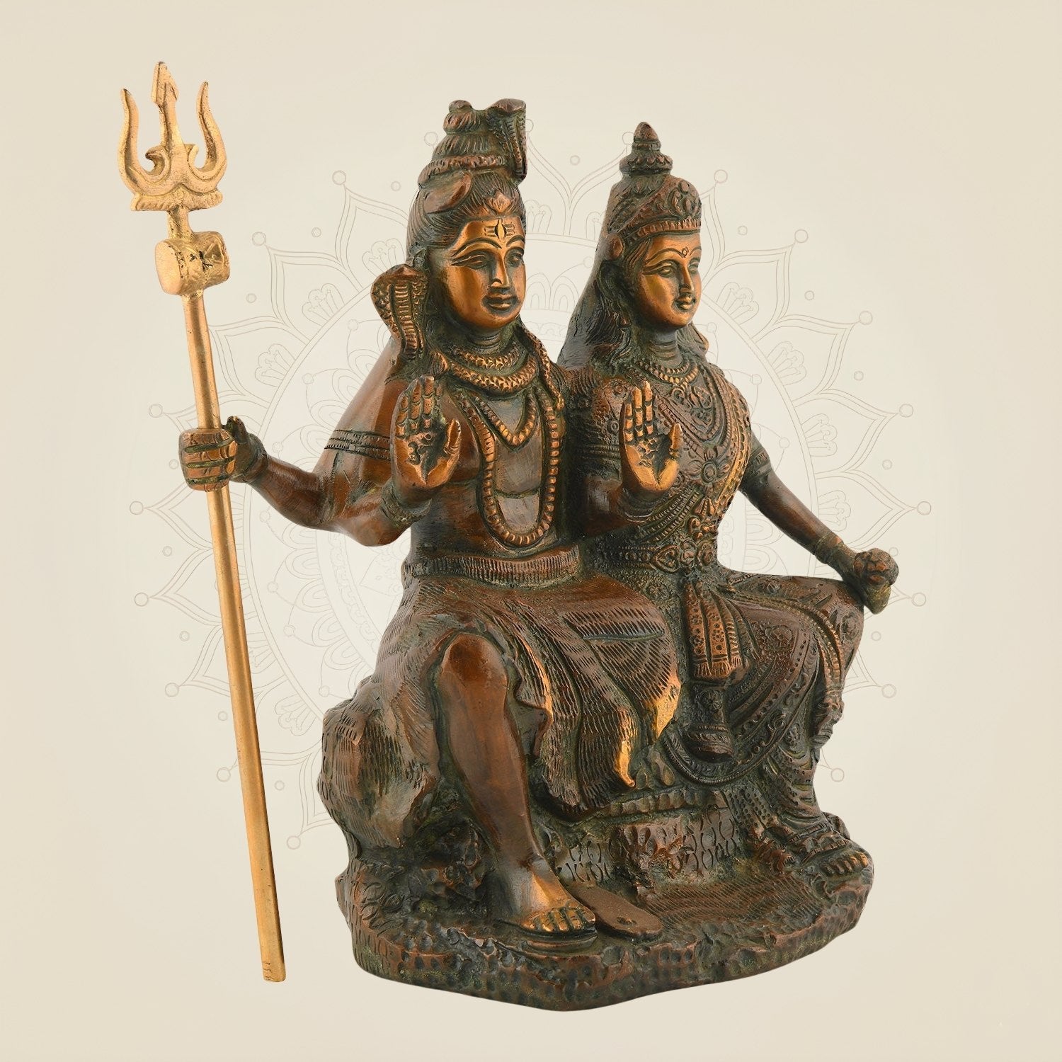 Colored Brass Shiv Parvati Idol | Divine Handcrafted Home Decor Statue 8.75"