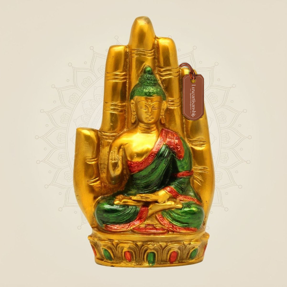 9" Tibetan Brass Buddha Idol in Hand– Hand-Painted Vastu Showpiece for Peace