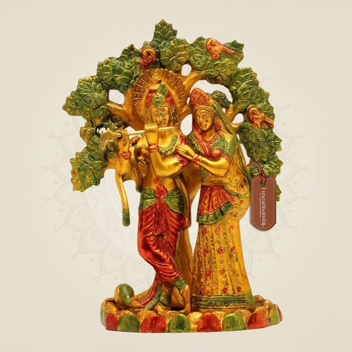 Hand-Painted Brass Radha Krishna Idol – Tree Design Murti for Mandir 12"