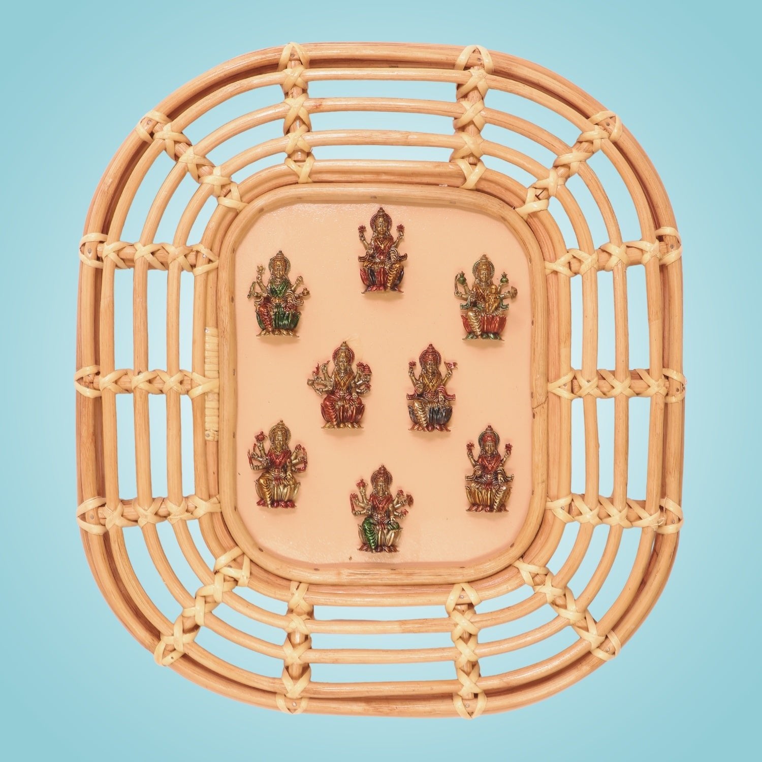 Ashta Lakshmi Brass Wall Hanging • Bamboo Frame Spiritual Décor -19"