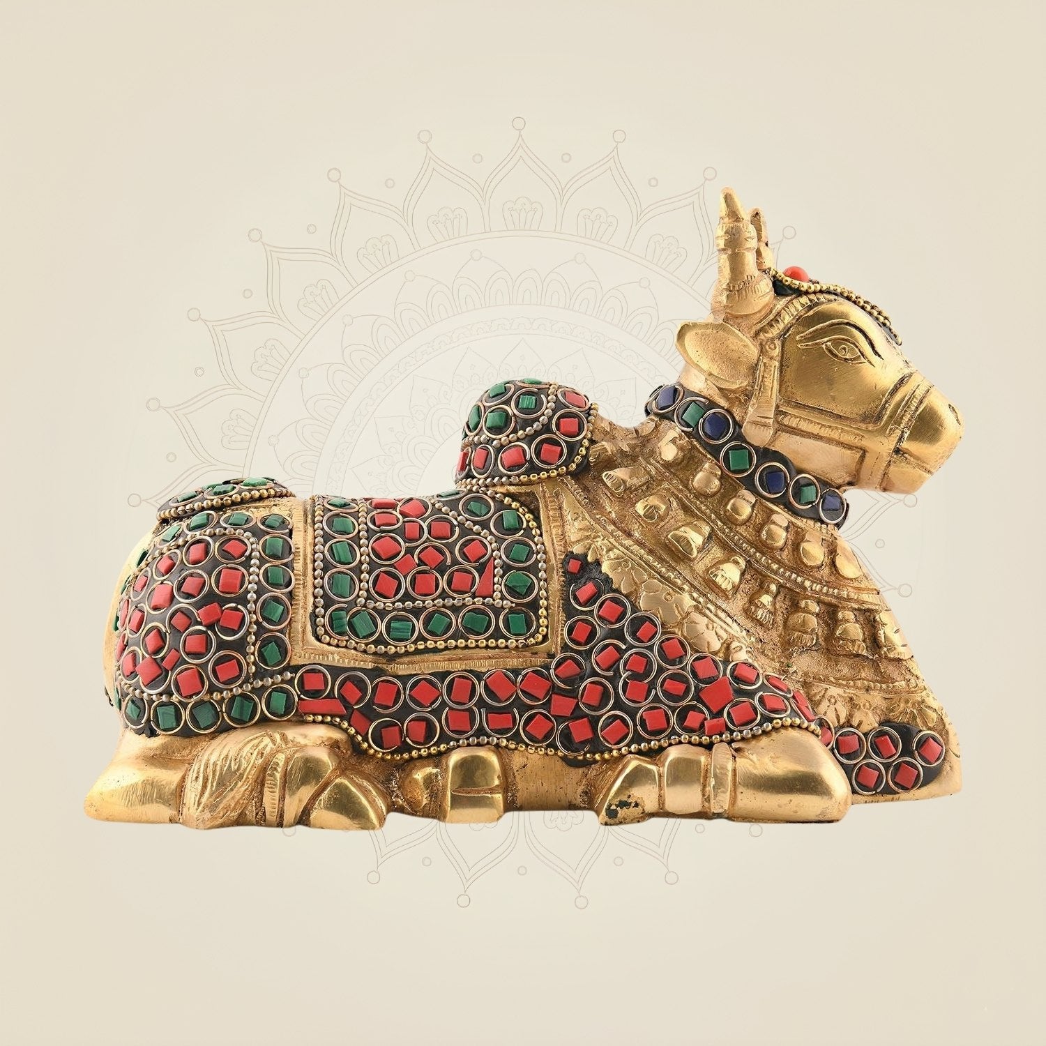 Brass Nandi Statue 4.75″ – Shiva’s Gatekeeper with Multicolor Stone Work Detailing