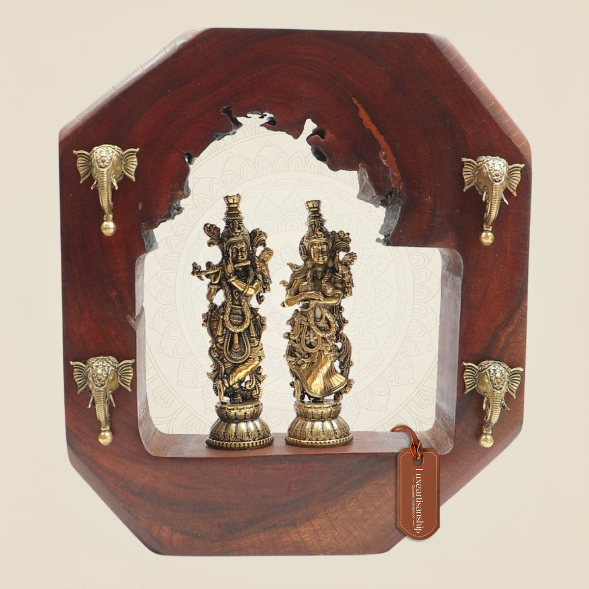 Radha Krishna Murti Brass in Hexagon Wooden Frame with Elephant 10"