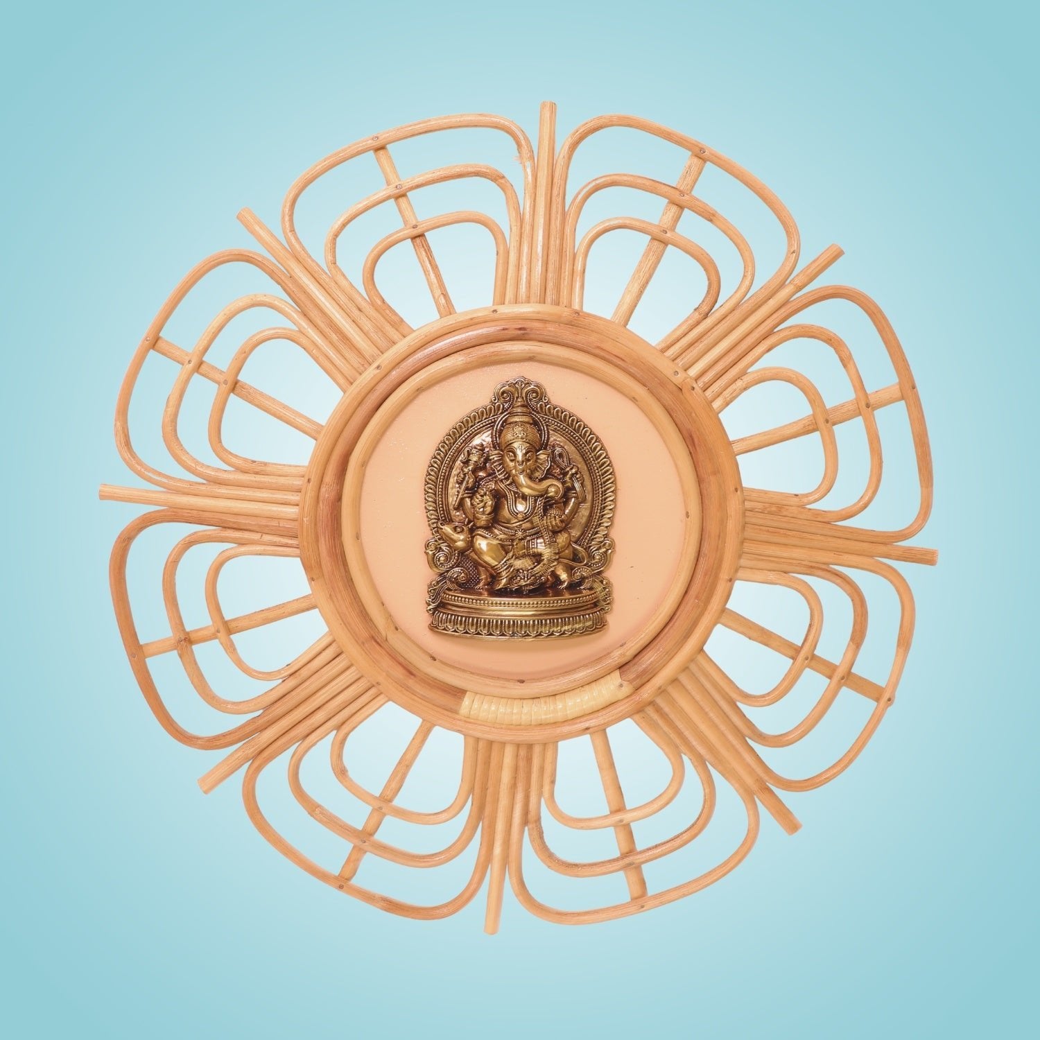 Brass Ganesha Wall Hanging • Handcrafted Bamboo Frame Art - 19.25"