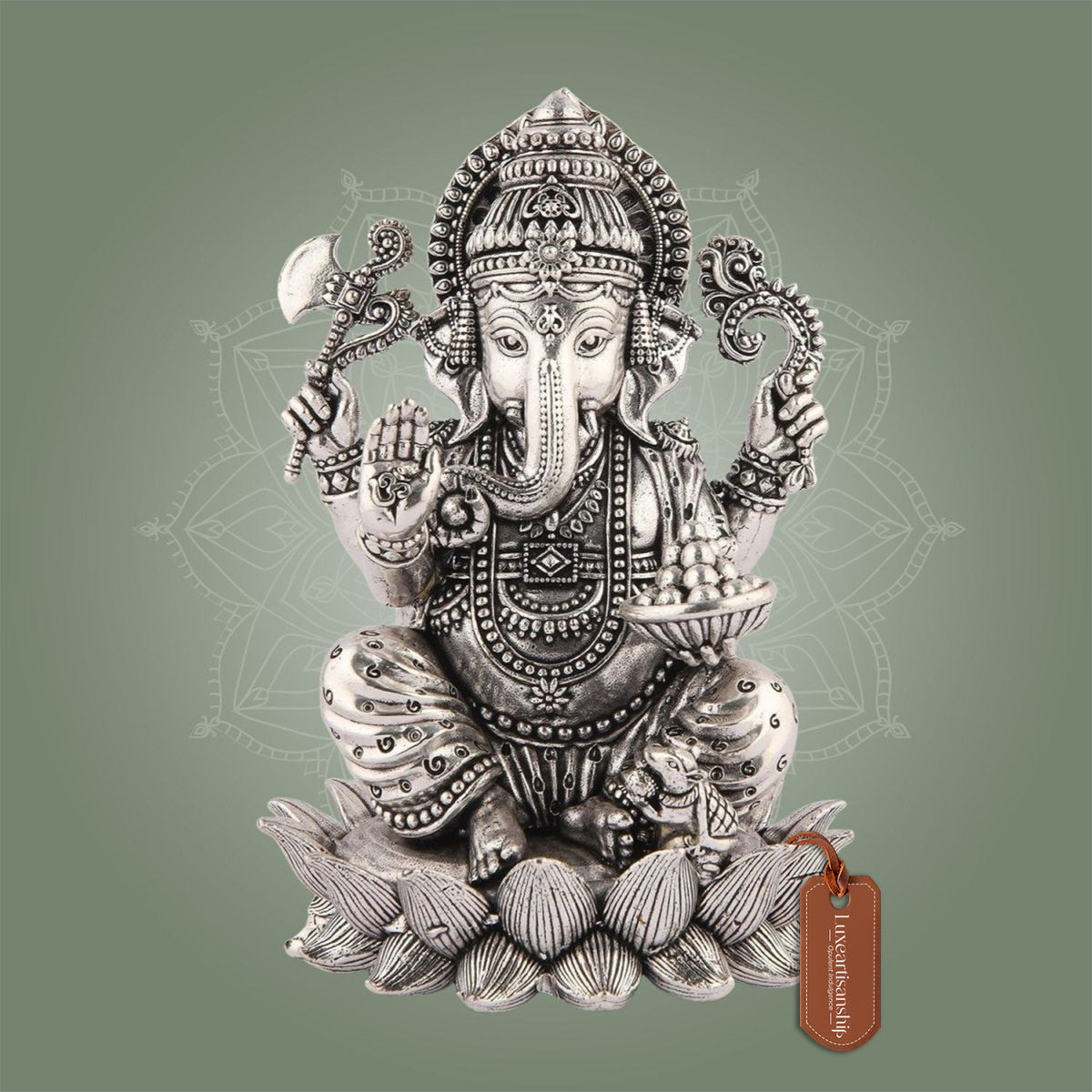 Silver-Plated Lord Ganesha on Lotus Idol– 4" Superfine Pure Brass Statue