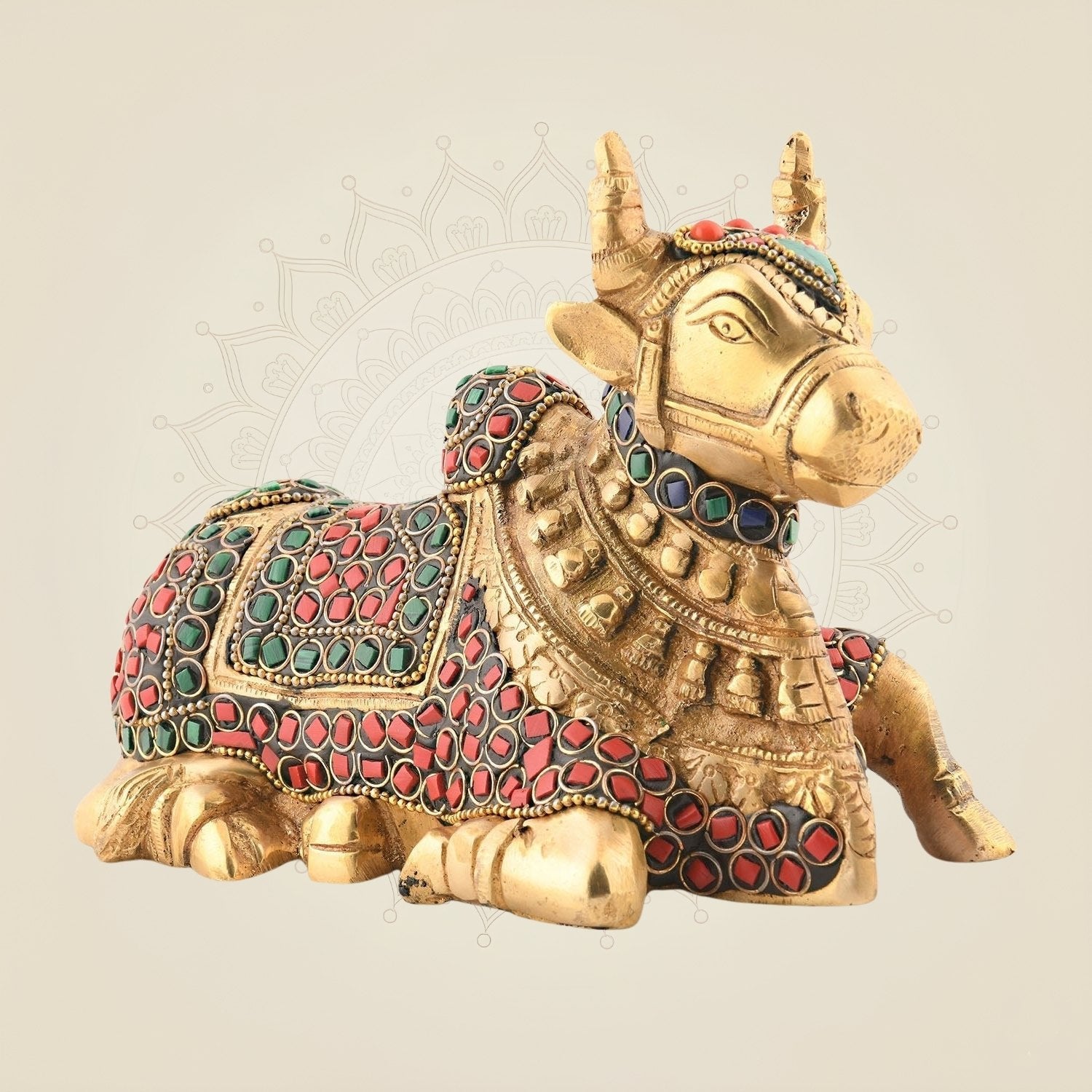 Brass Nandi Statue 4.75″ – Shiva’s Gatekeeper with Multicolor Stone Work Detailing