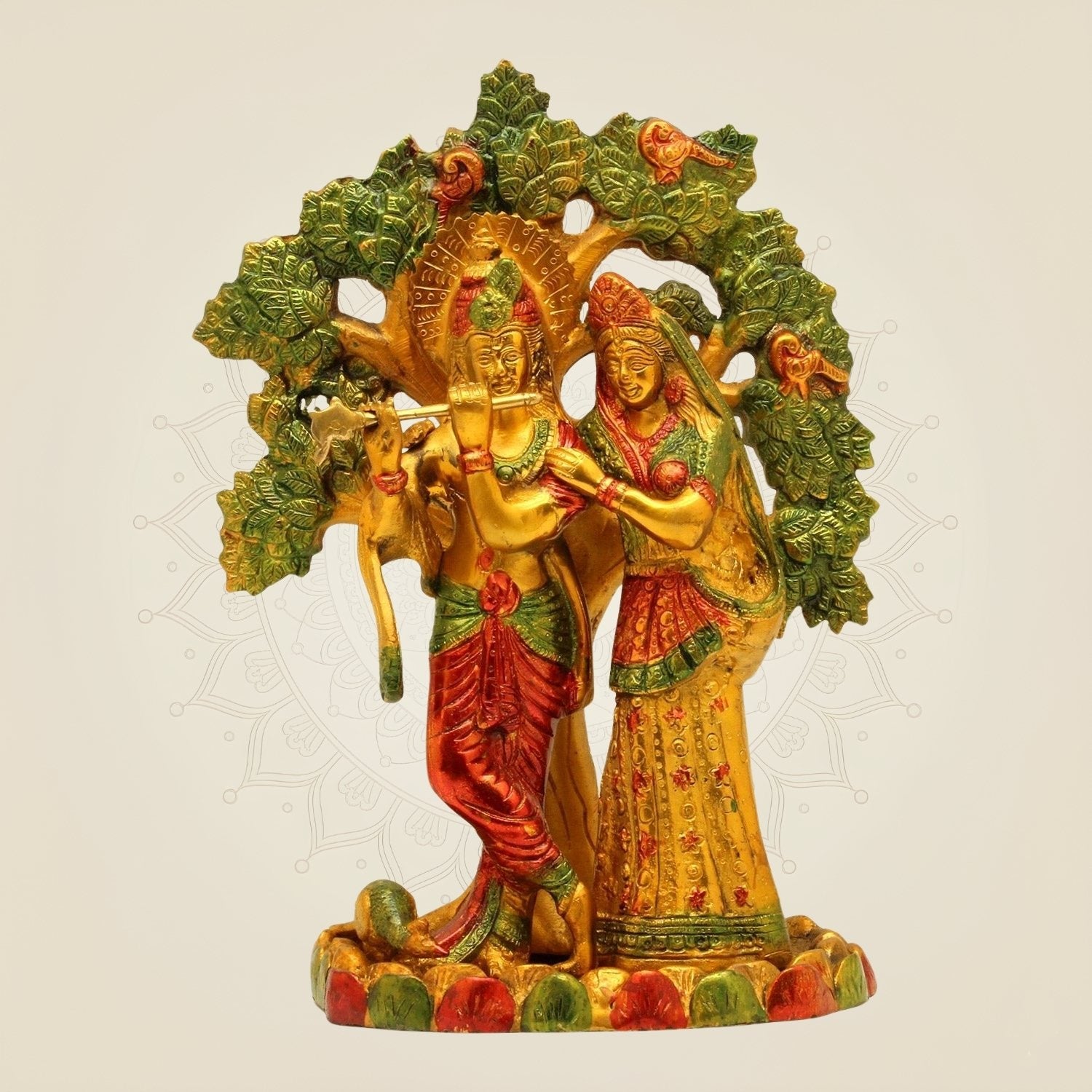 Hand-Painted Brass Radha Krishna Idol – Tree Design Murti for Mandir 12"