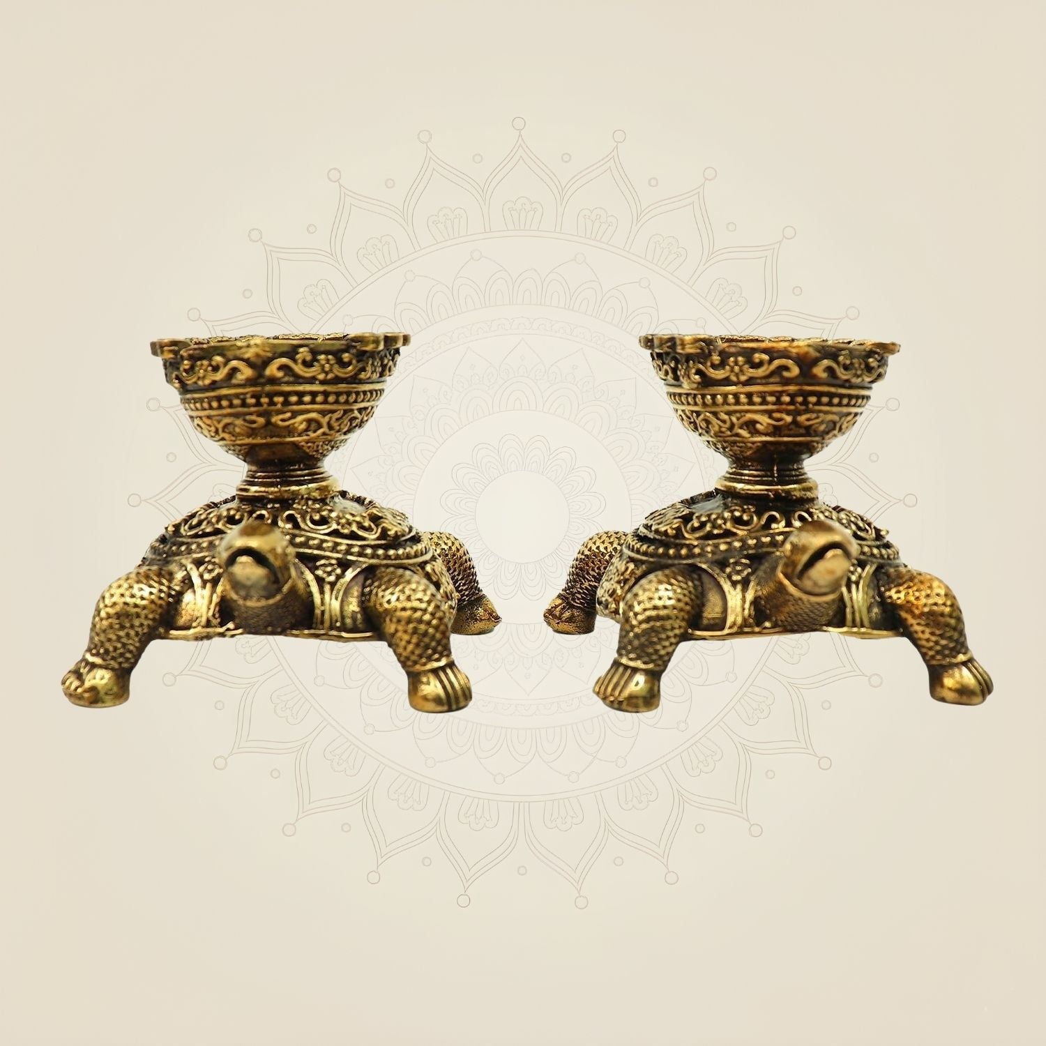 Pair of Brass Turtle Diyas 2.5" | Traditional Tortoise Oil Lamps for Temple & Home