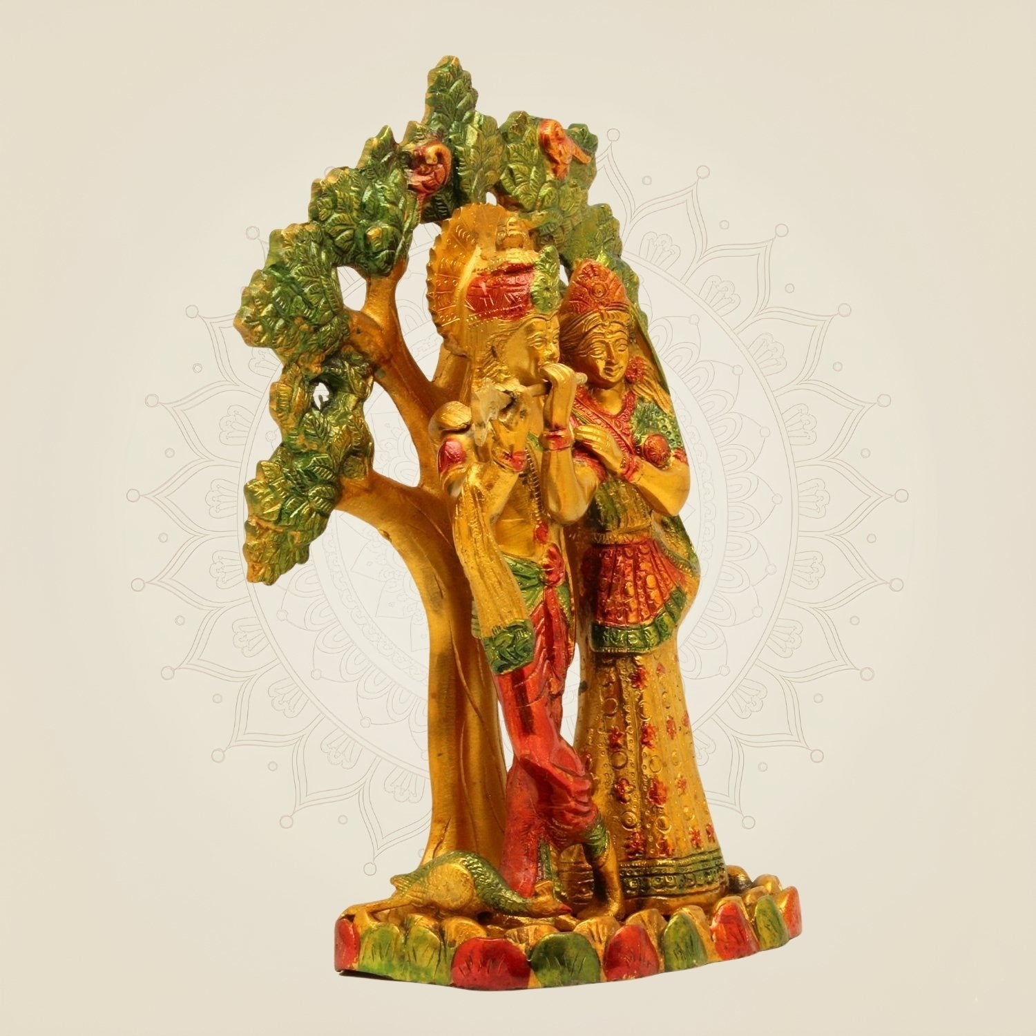 Hand-Painted Brass Radha Krishna Idol – Tree Design Murti for Mandir 12"