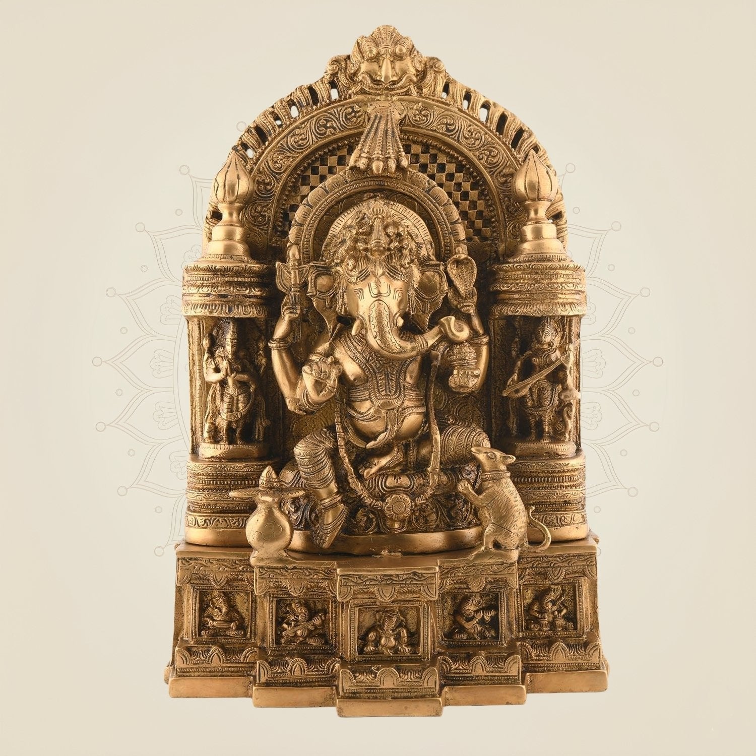 Brass Ganesha as Musician with Lakshmi & Saraswati – Royal Seated Idol 17.5″