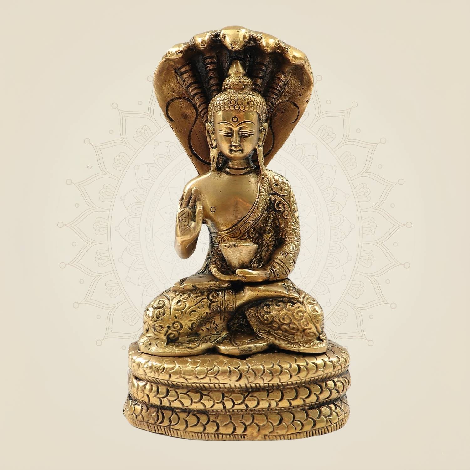 Serene Brass Buddha under Naga Hood – Spiritual Idol for Home & Temple 7.75"