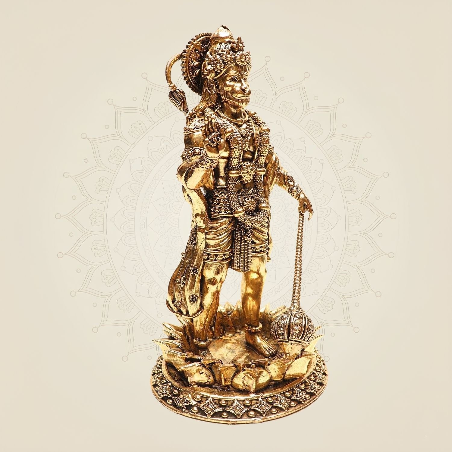 Brass Standing Hanuman Idol on Lotus – Superfine Finish Pooja Murti 8"