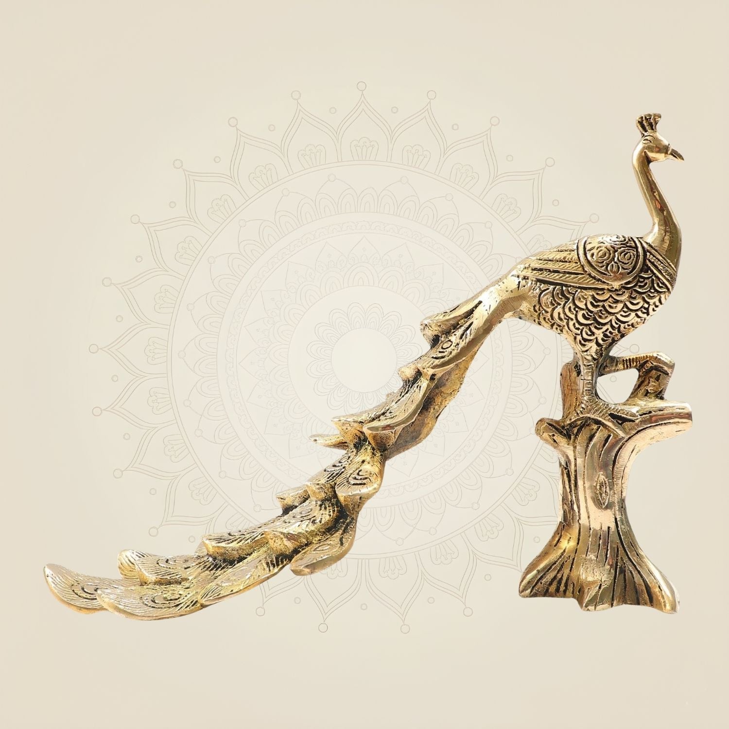 Decorative Brass Peacock - Elegant Statue Sitting on Tree Trunk for Home Décor