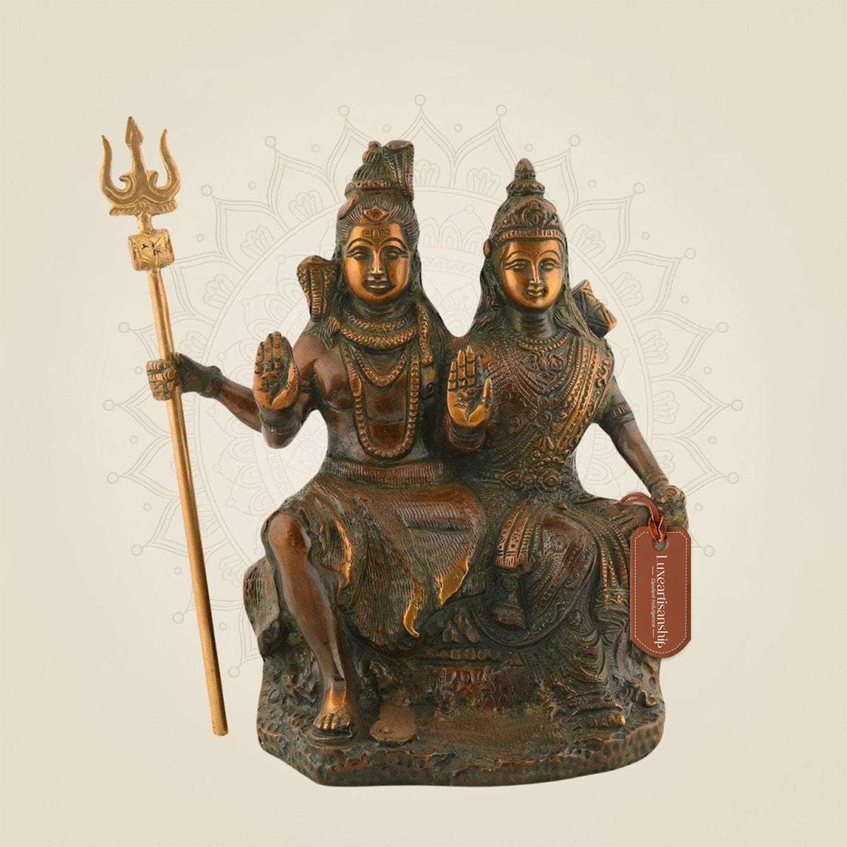 Colored Brass Shiv Parvati Idol | Divine Handcrafted Home Decor Statue 8.75"
