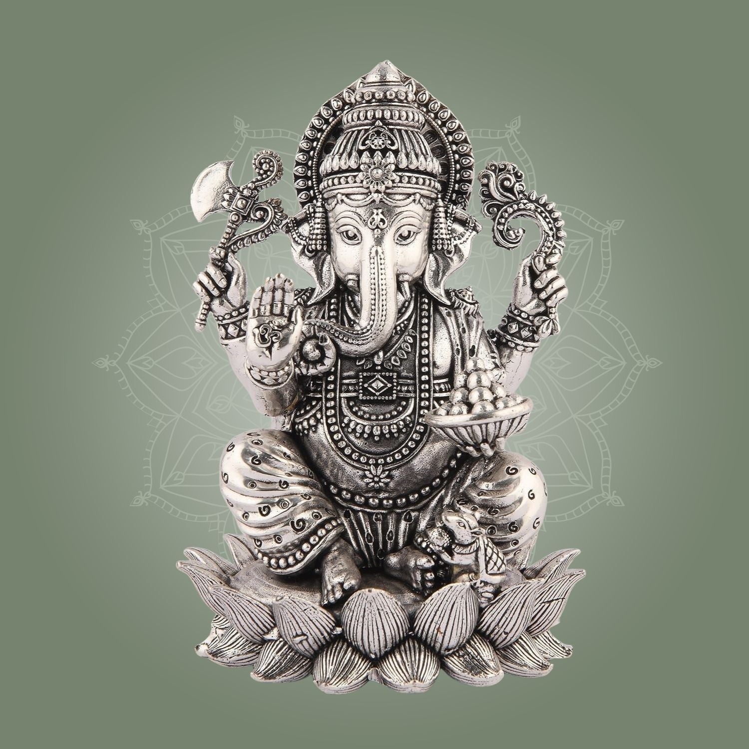Silver-Plated Lord Ganesha on Lotus Idol– 4" Superfine Pure Brass Statue