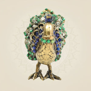 2" Brass Peacock Showpiece Featuring Multicolour Rich Stone Detailing - Luxeartisanship