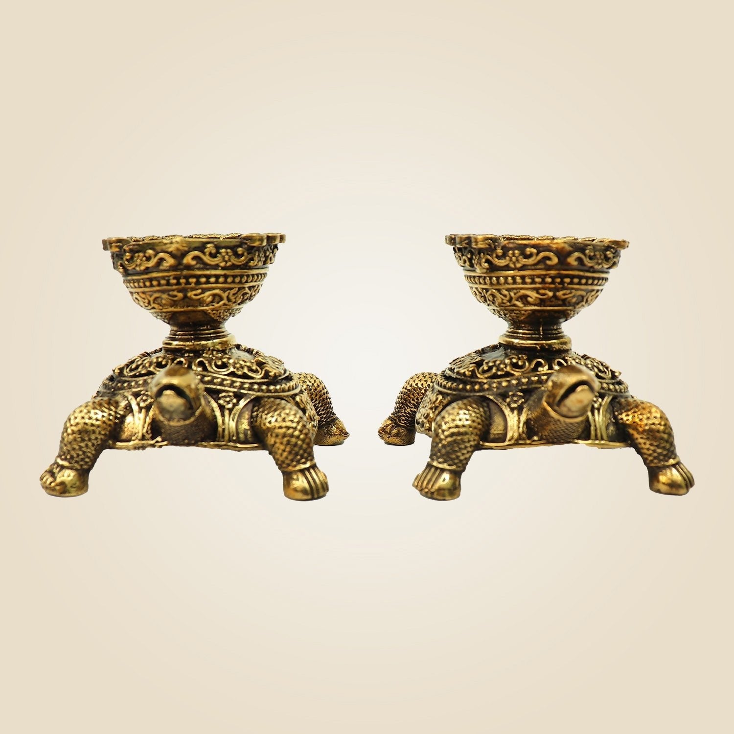 Pair of Brass Turtle Diyas 2.5" | Traditional Tortoise Oil Lamps for Temple & Home