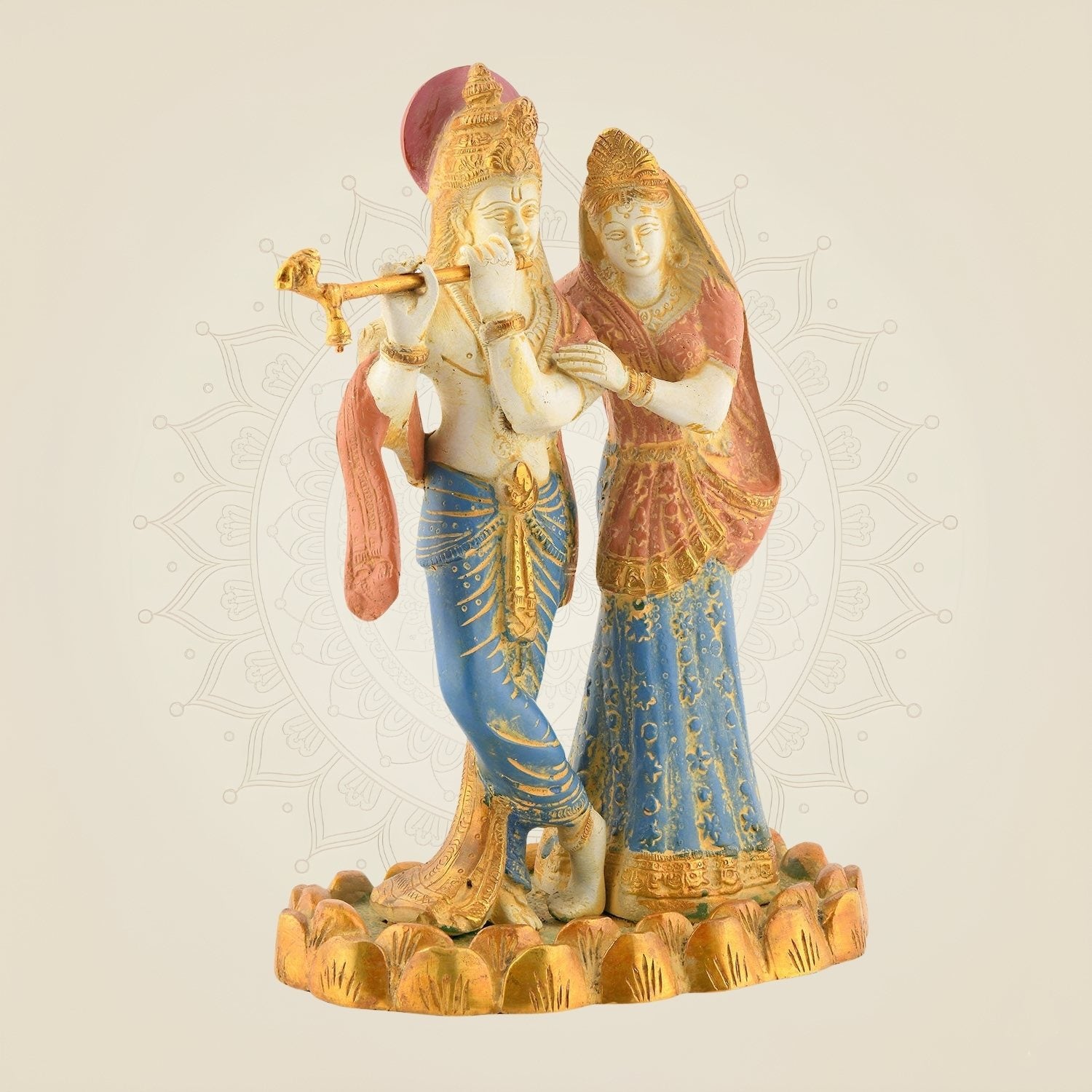 Radha Krishna with Flute – 10.25" Standing Mud Finish Multicolor Brass Idol