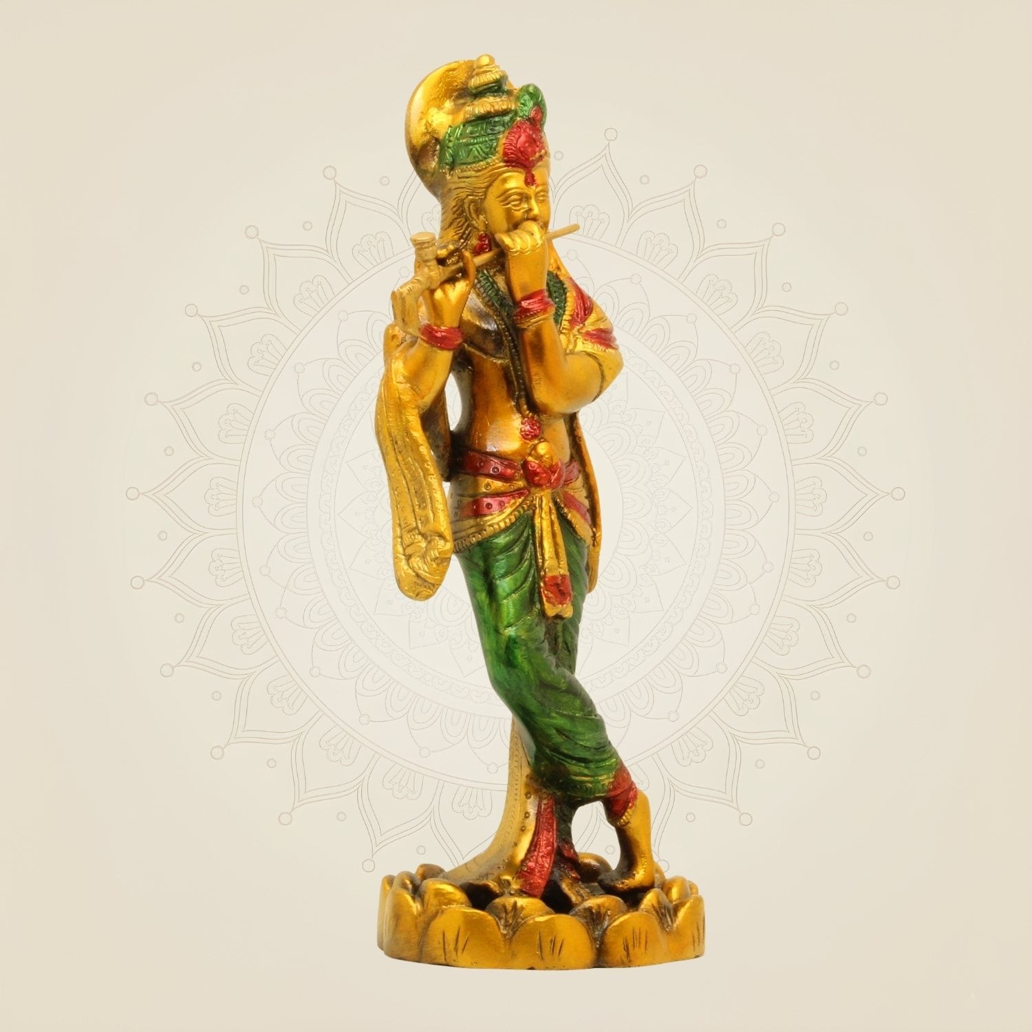 Hand-Painted Brass Krishna Idol 10.25"– Flute Playing Murti for Mandir or Gift
