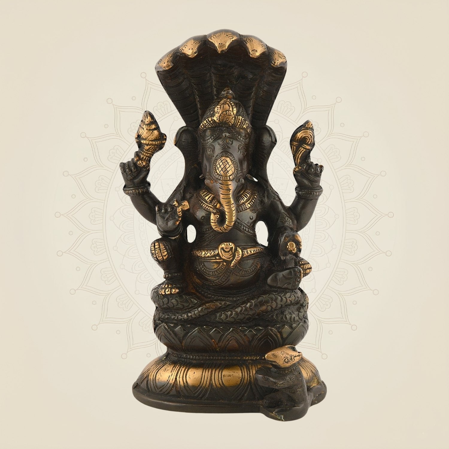 Brass Ganesha Idol Seated on Sheshnaag | Handcrafted black Colored Decorative Statue 8.25"