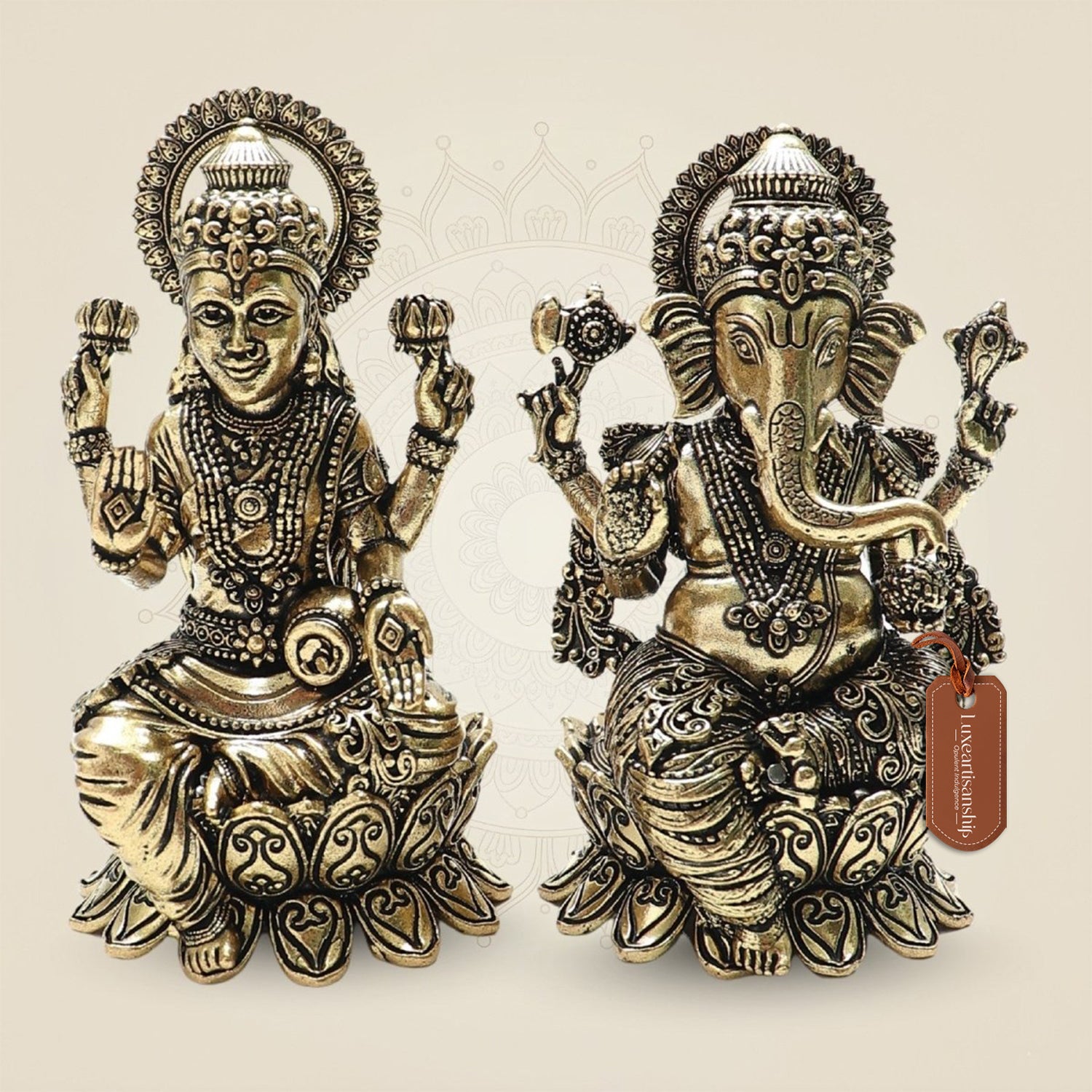Lakshmi and Ganesha Brass Idol Set – Lotus Seated Prosperity 4"