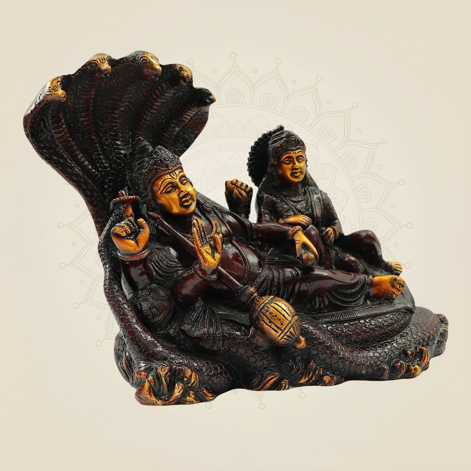 Handcrafted Brass Vishnu Laxmi Statue on Sheshnag – 9.5 Inch Idol