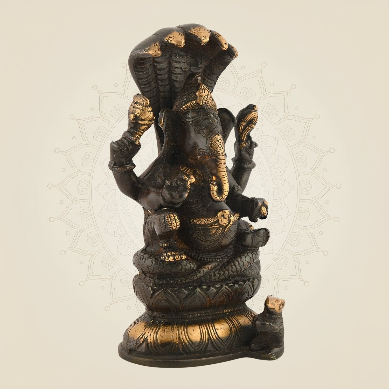 Brass Ganesha Idol Seated on Sheshnaag | Handcrafted black Colored Decorative Statue 8.25"