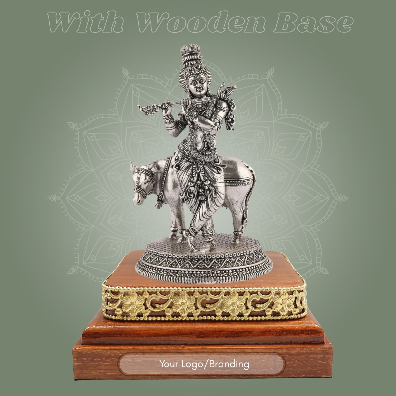 Krishna with Cow Idol 6.75" on Wooden Base Silver Finish Handcrafted
