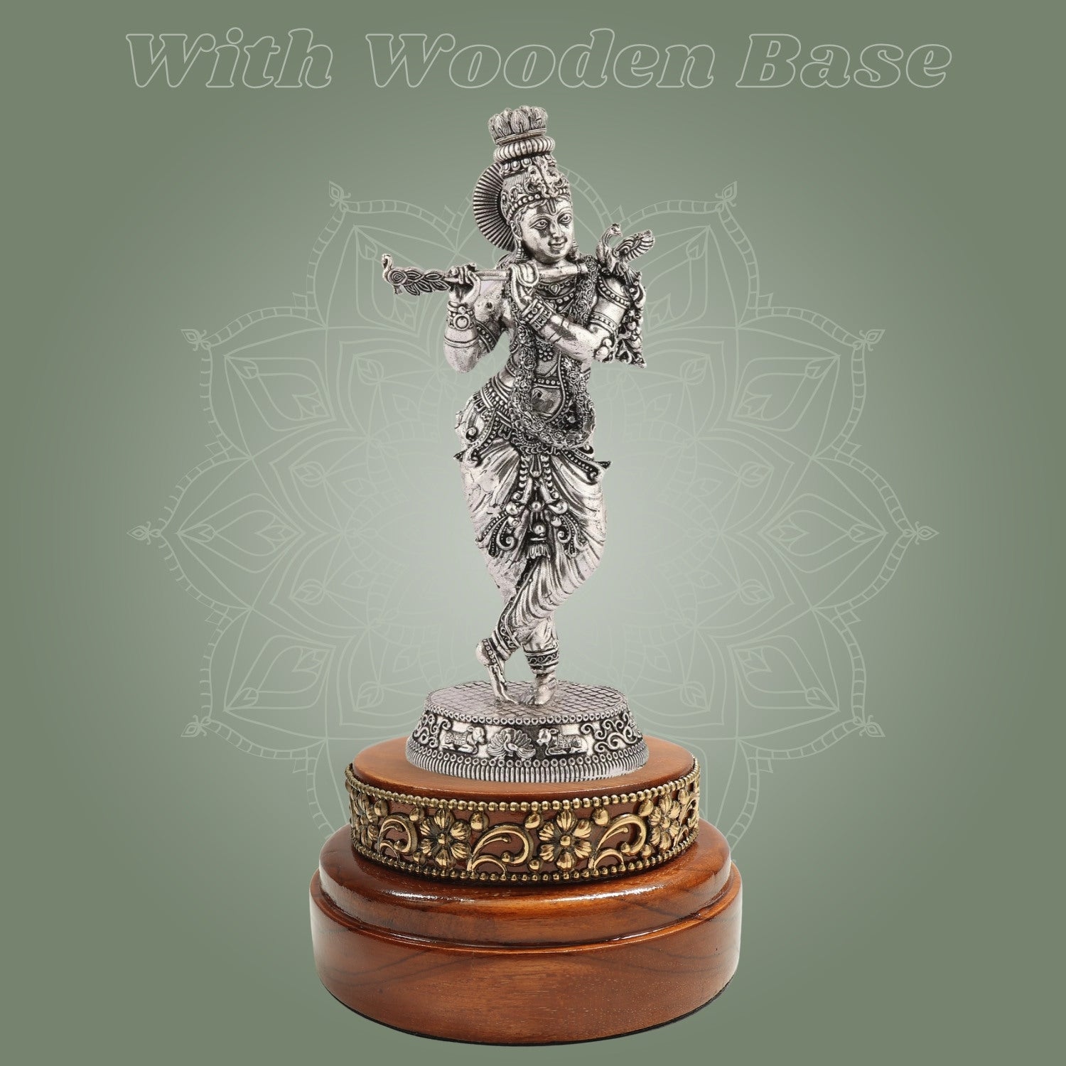 Lord Krishna Idol on Round Wood Base – 7.5" Silver Finish Handcrafted Pure Brass