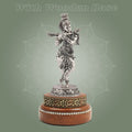 Lord Krishna Idol on Round Wood Base – 7.5" Silver Finish Handcrafted Pure Brass