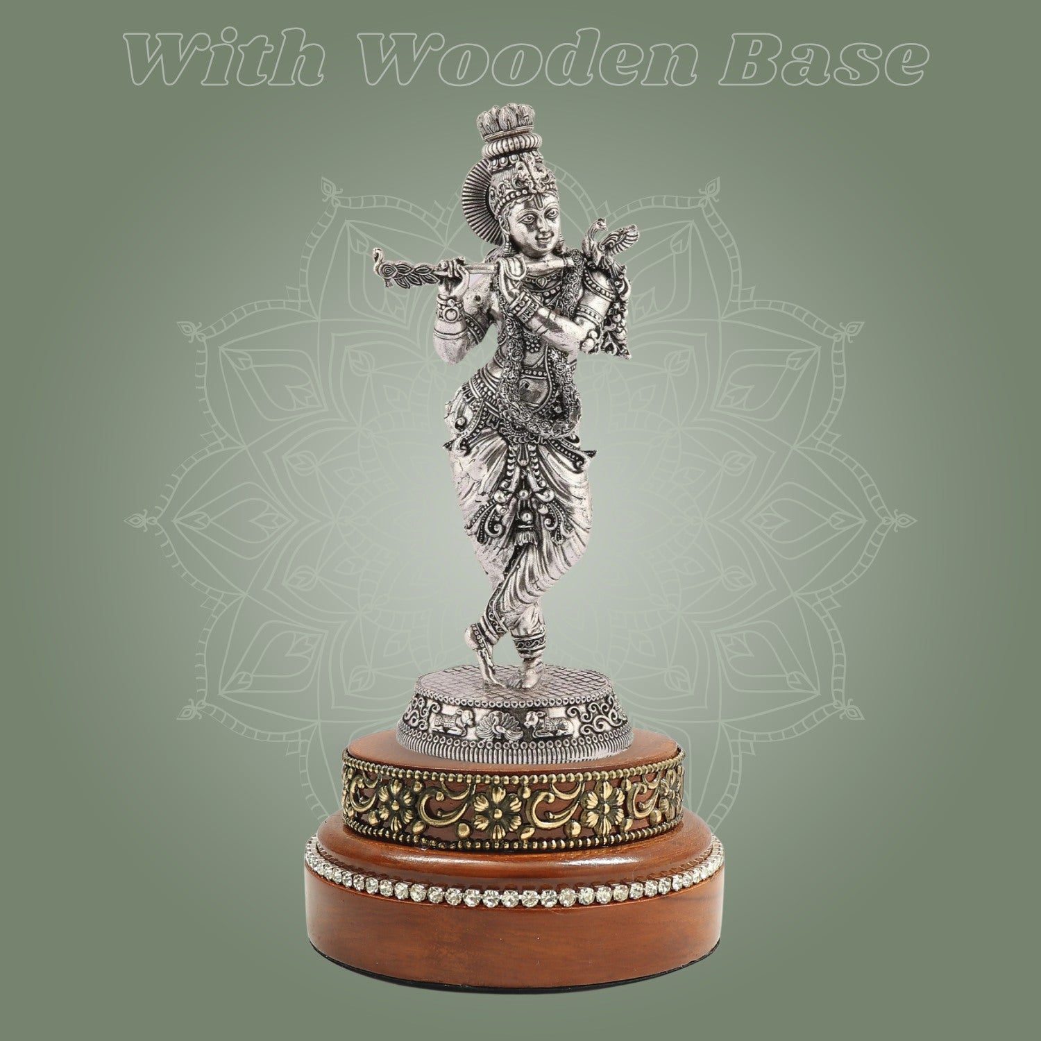 Lord Krishna Idol on Round Wood Base – 7.5" Silver Finish Handcrafted Pure Brass