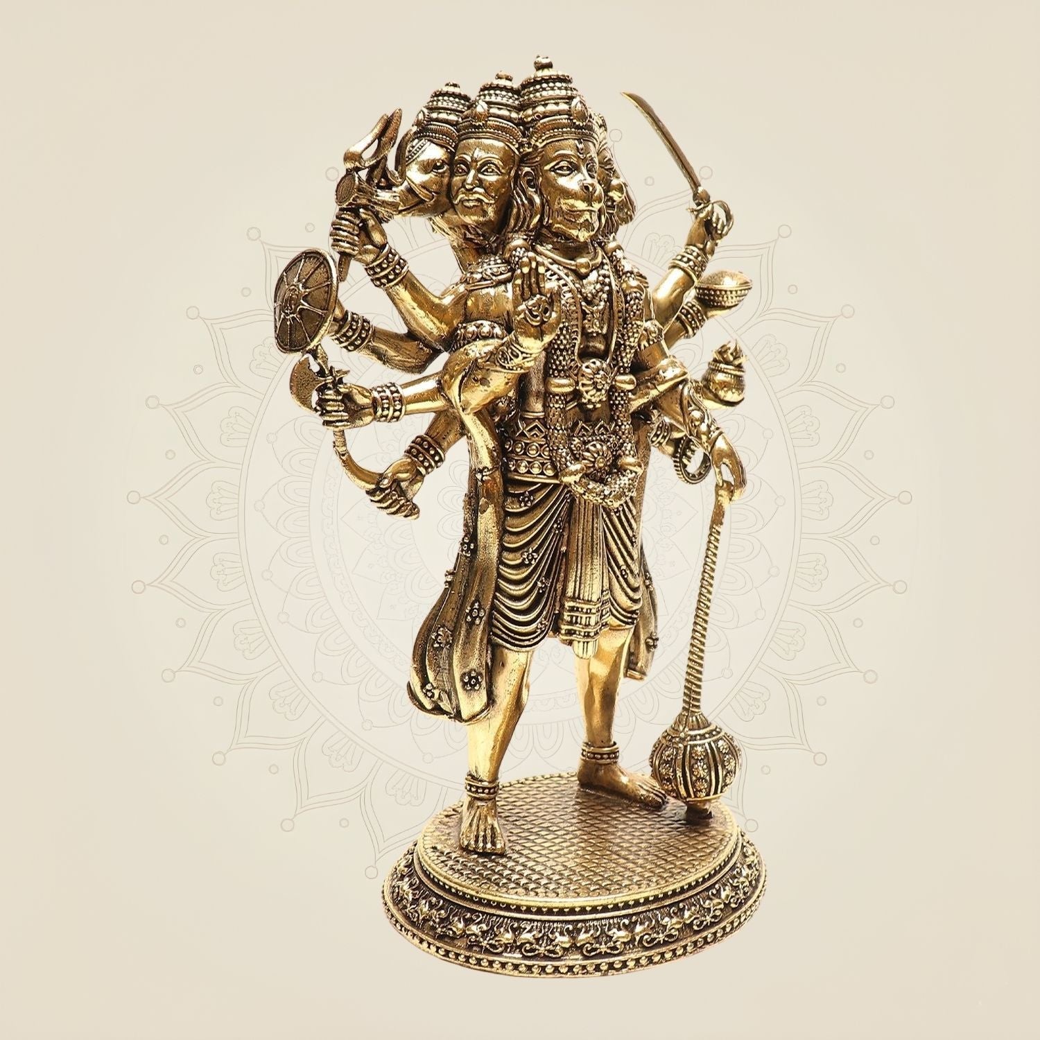 Standing Brass Panchmukhi Hanuman Idol – 8 Face Arms Powerful Protective Murti - 8"