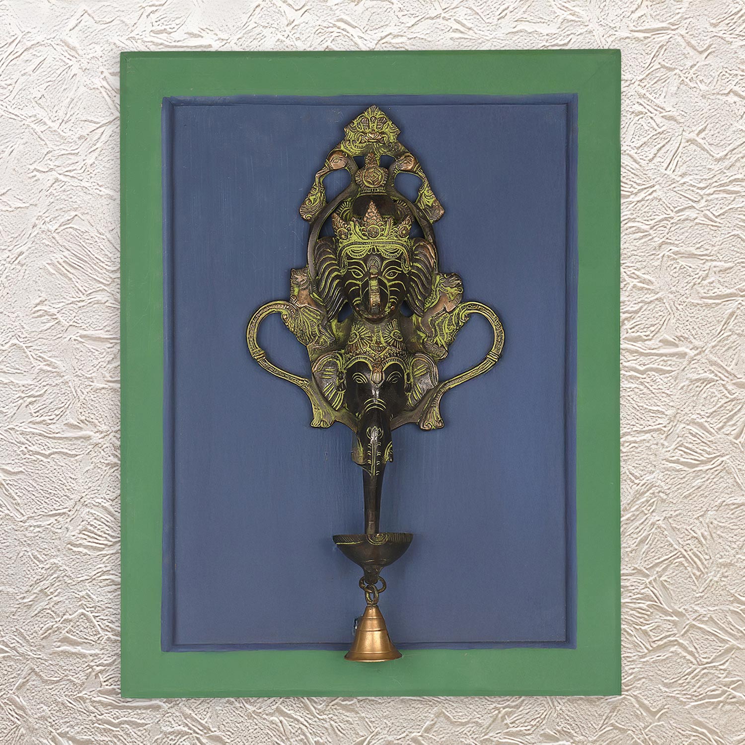 Divine Decor Wall Frame with Brass Ganesha Diya & Bell 18"• Antique Vastu Decor for Home