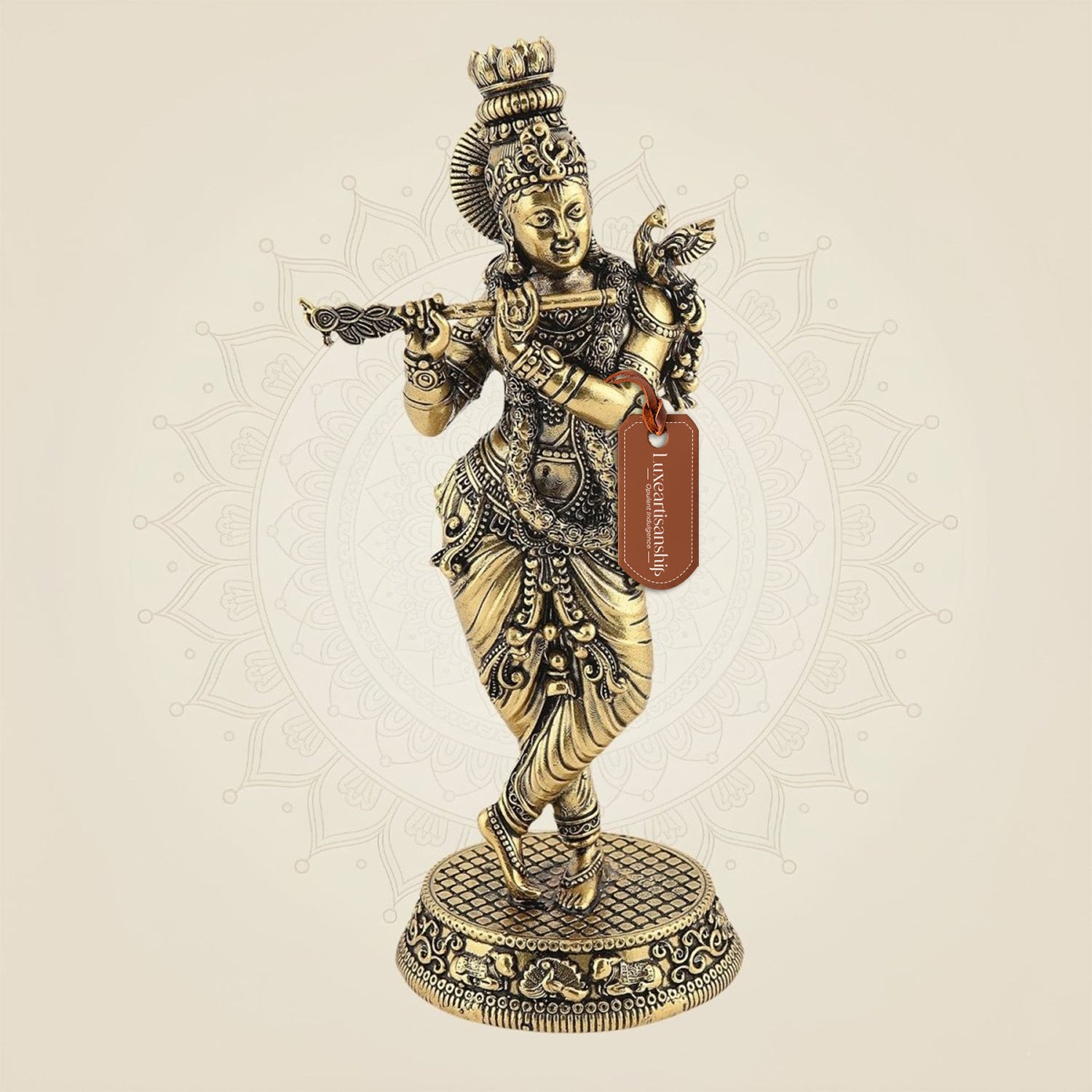 Lord Krishna with Peacock Idol- 6.5" Pure Brass Sculpture For Gift & Home Positivity