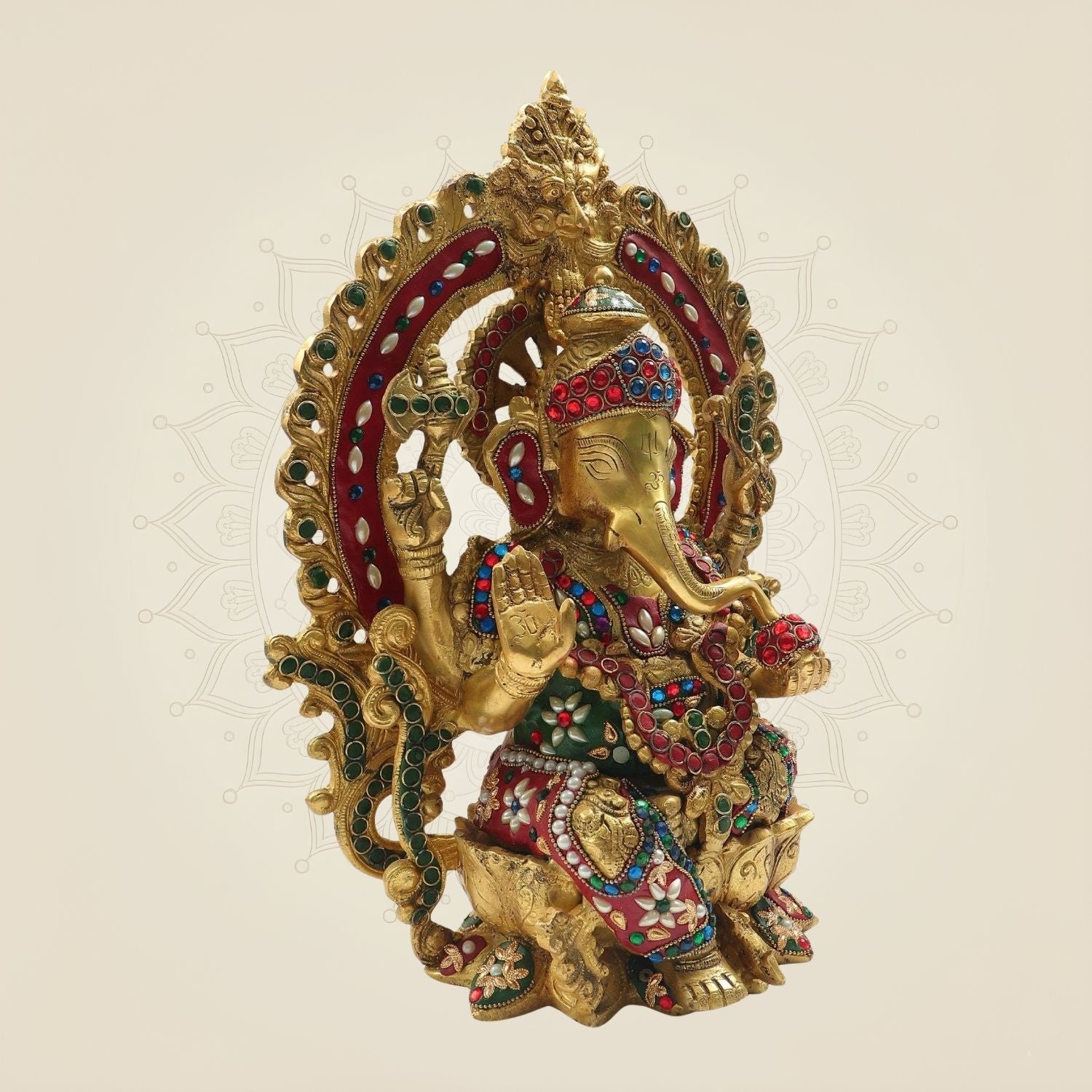 Ganesh Brass Murti 15" - Decorative Idol with Pearl & Colorful Stone Inlay Work