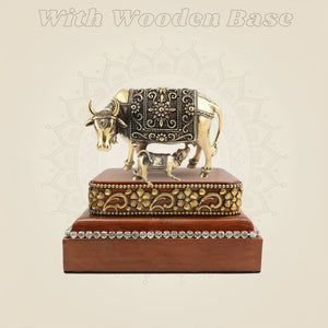 Brass Kamdhenu Murti Calf on a Wooden Base