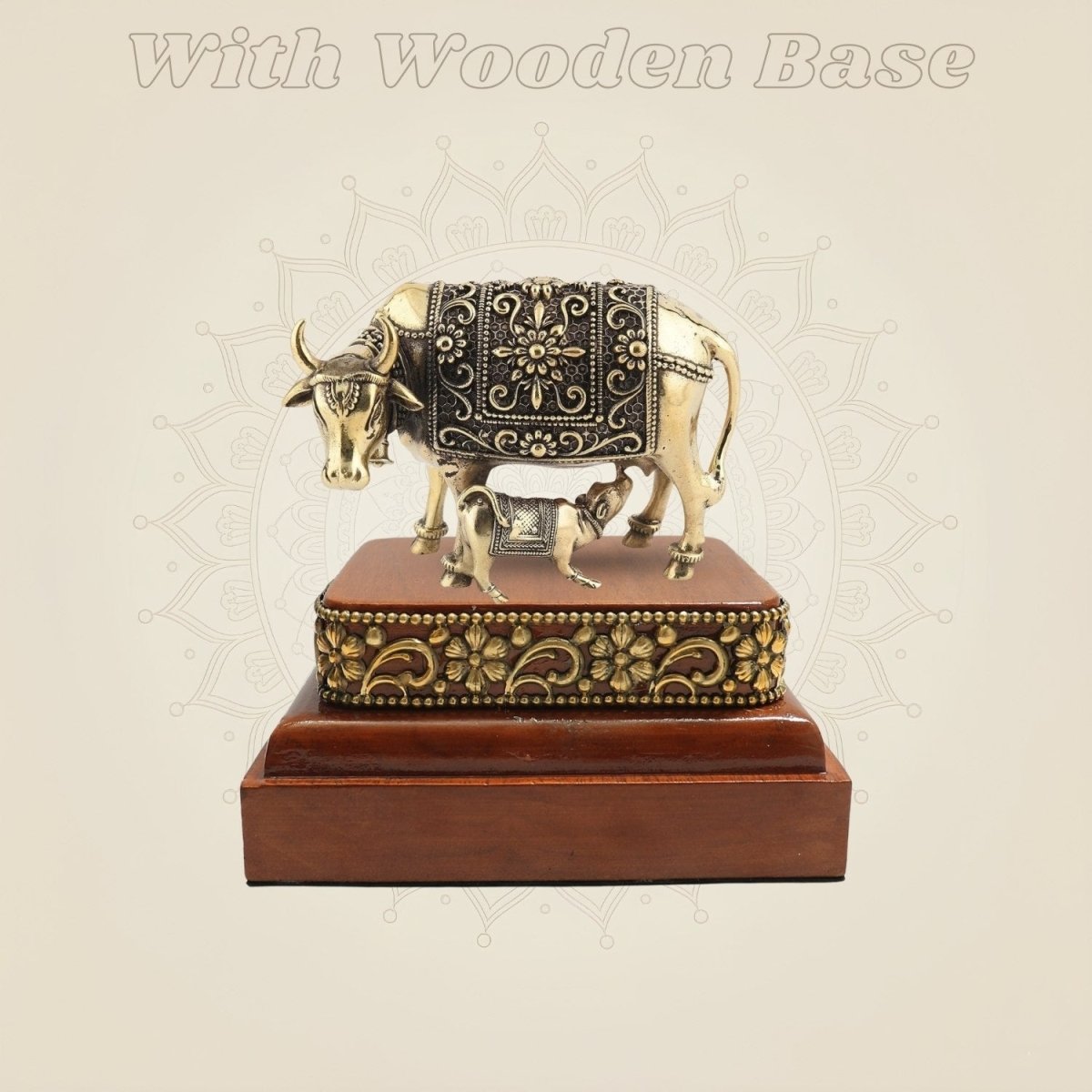 Brass Kamdhenu Cow Idol with Calf on a Wooden Base