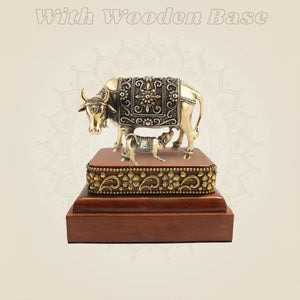 Brass Kamdhenu Cow Idol with Calf on a Wooden Base