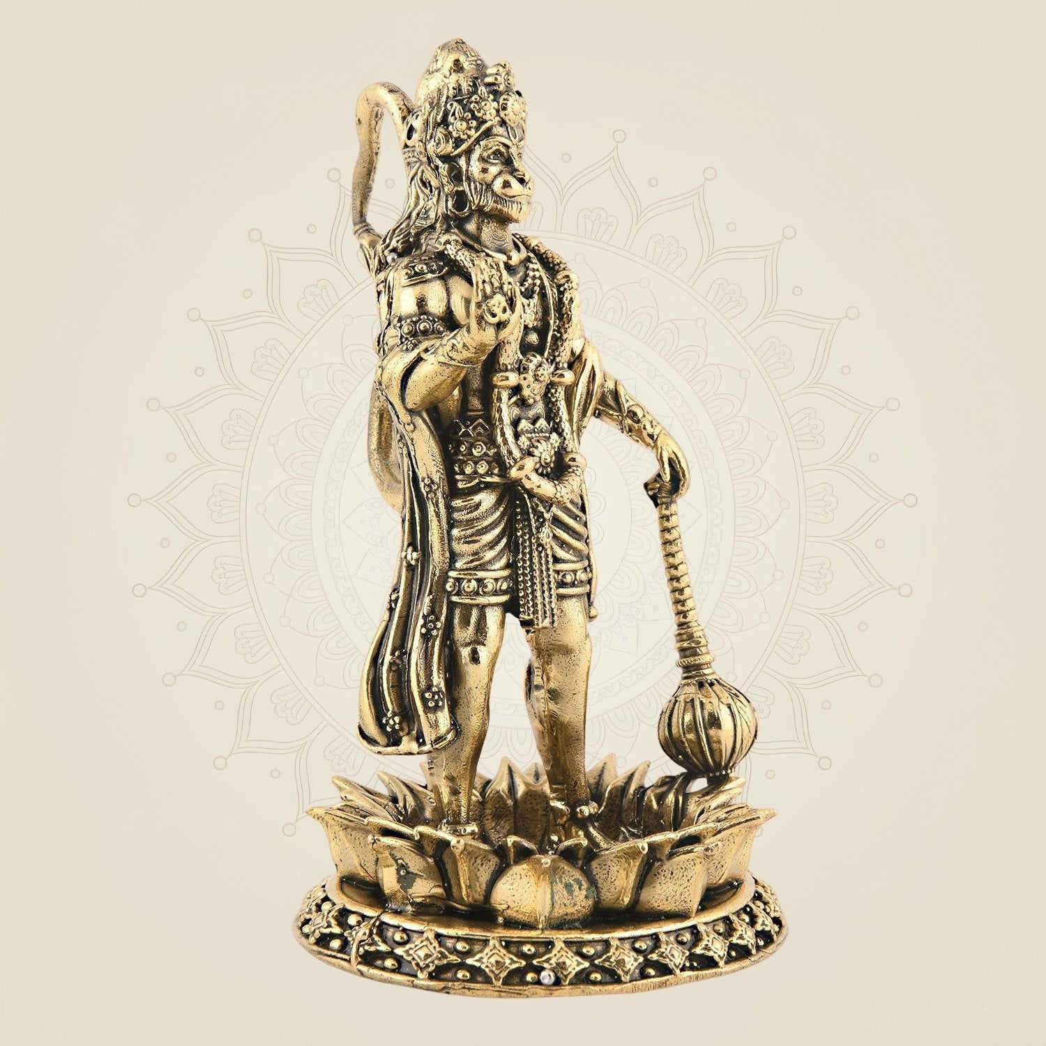 Brass Hanuman Standing on Lotus 4″ – Superfine Carved Idol for Positivity