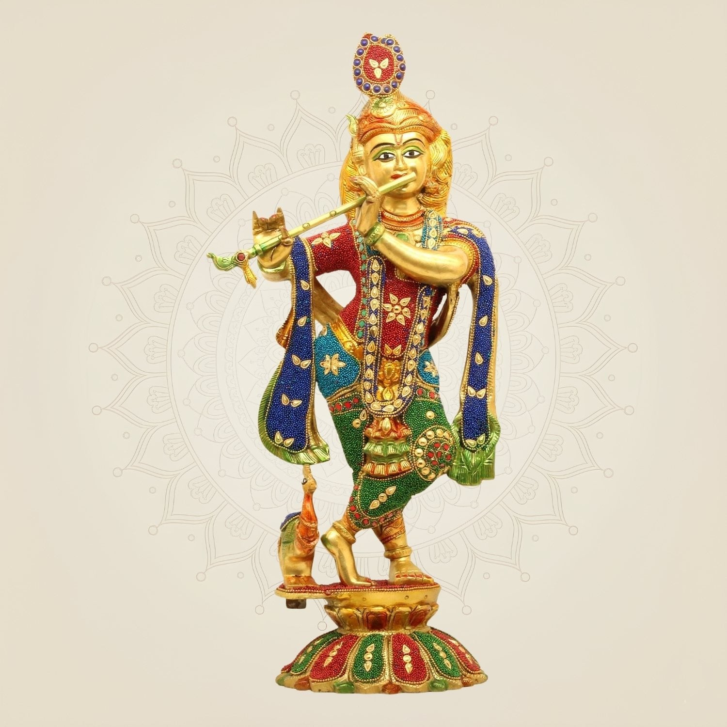 Large Brass Krishna Idol with Multicolor Stonework 18.5"– Flute Playing Murti Decor