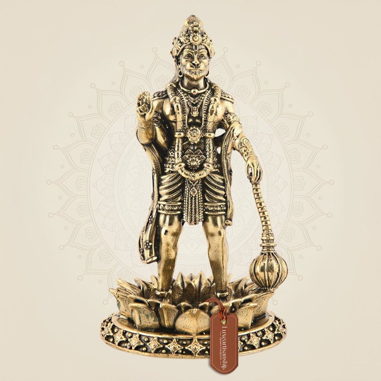 Brass Hanuman Standing on Lotus 4″ – Superfine Carved Idol for Positivity