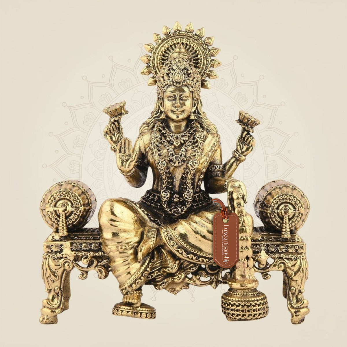 Lakshmi Ji Idol on Singhasan 4.25"– Handcrafted Pure Brass Murti