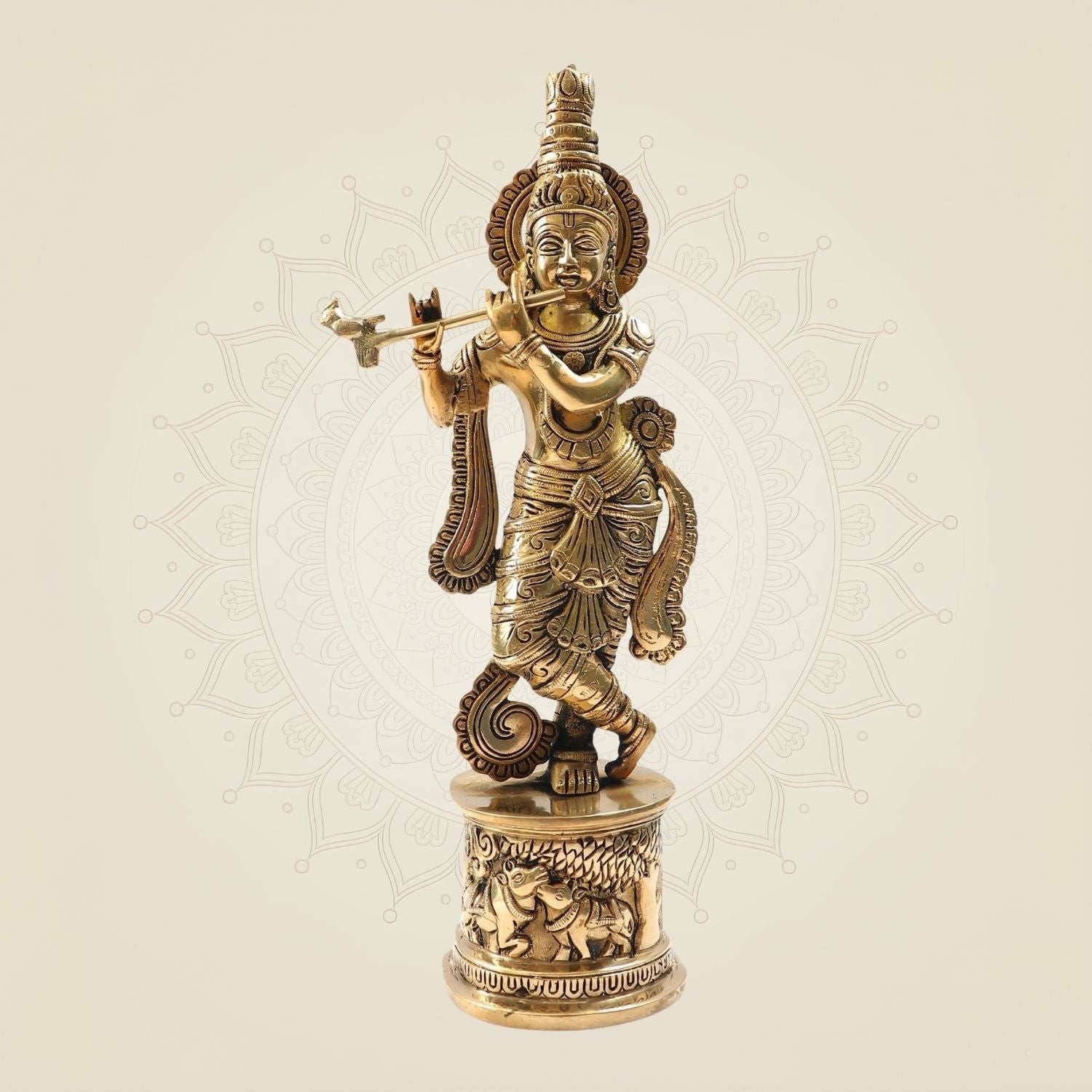 Krishna Brass Idol 15" - Flute Player Murti on Round Base Solid Brass Sculpture