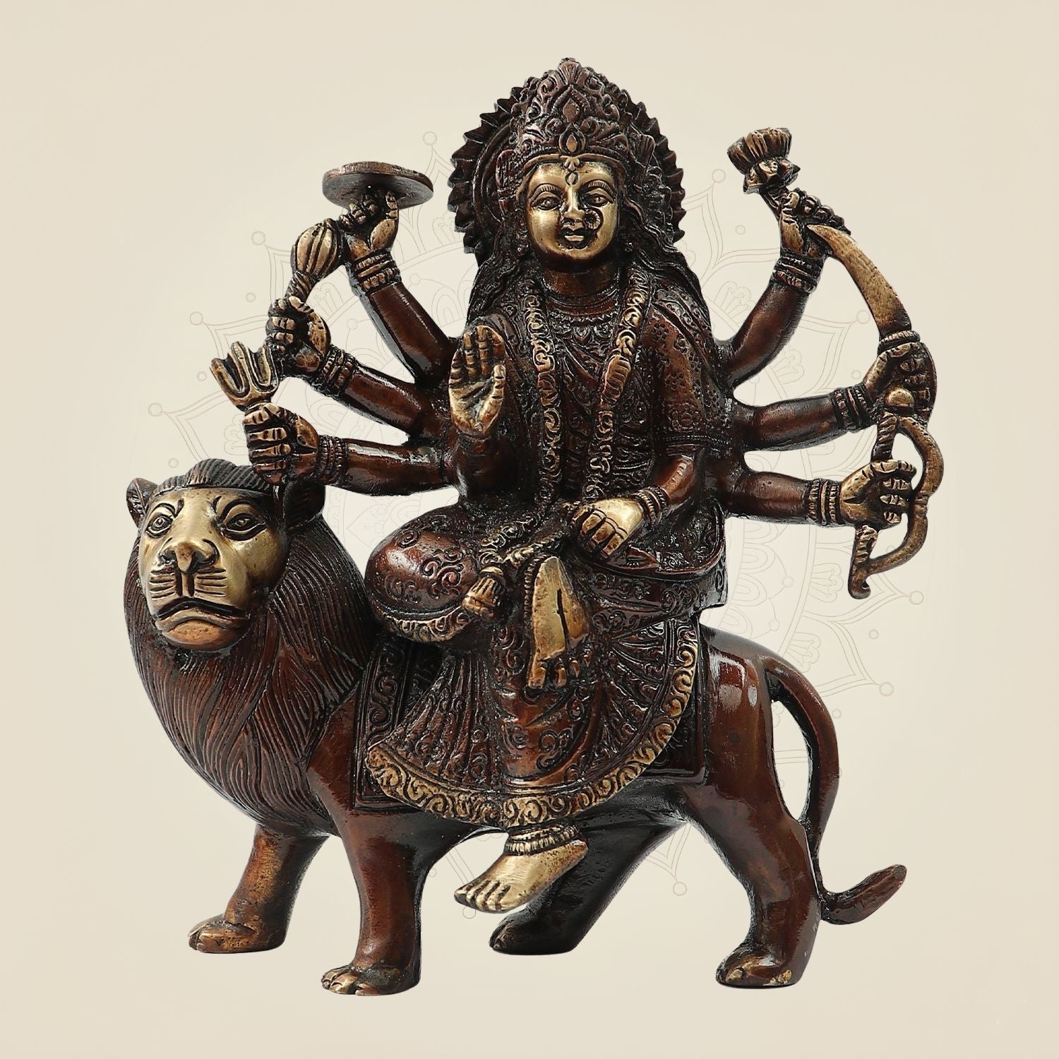 Brass Durga Maa Idol 8 "– Ambe Mata Murti Seated on Lion for Navratri, Puja & Home Temple Décor